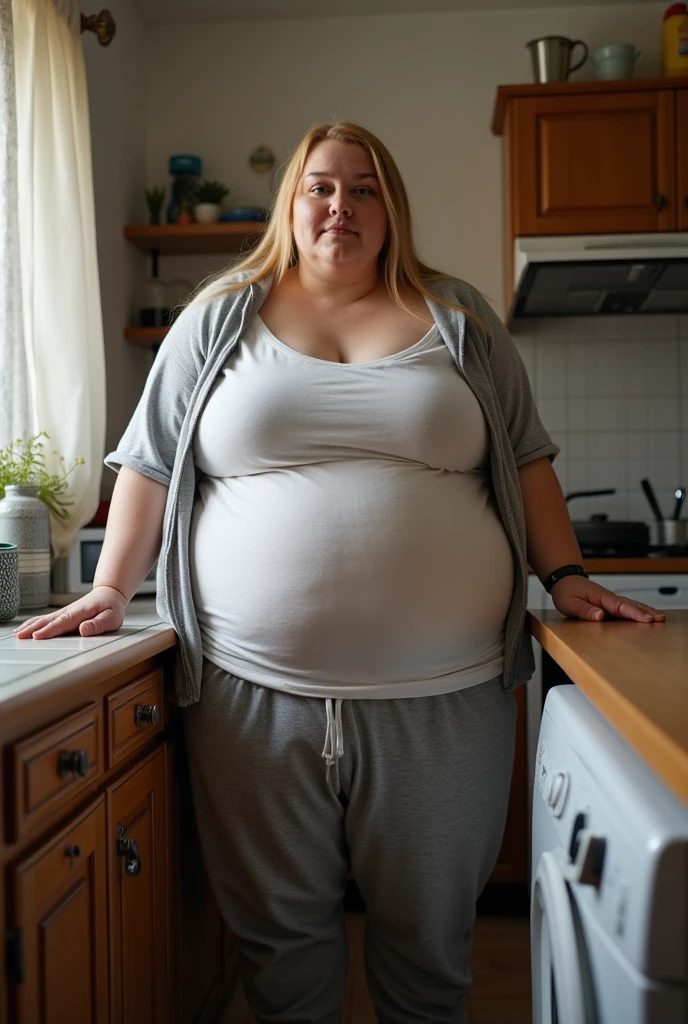 Reminiscent of Evan Rachel Wood, a fifty-year-old woman, with a tall and hefty build, large breasts, a black bun for hair, the ideal amount of chubbiness, being overweight, and squinting, she is a master of quality. Working in the kitchen, wearing a naked apron, full body portrait, and the scene is incredibly detailed.