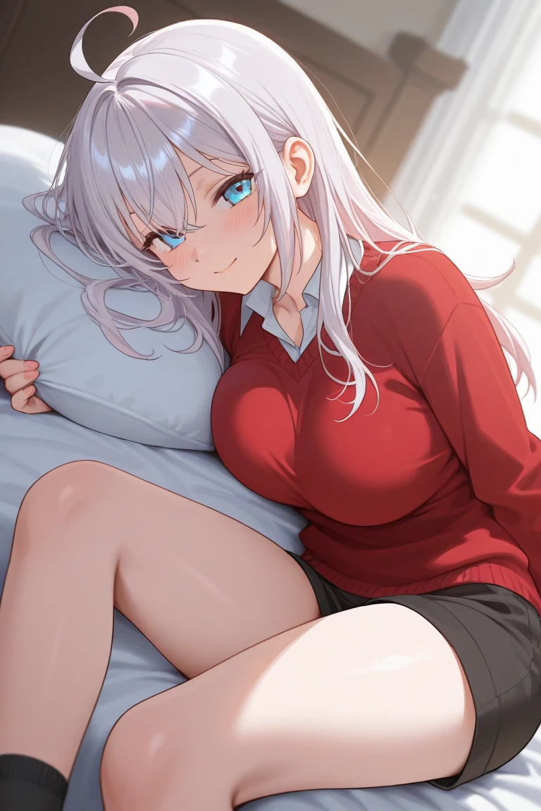 ((8K, Highest Quality, Masterpiece:1.3)), Ultra High Quality, (1 Girl, 1 Person), (Color Changing Eyes, Super Detailed, Expressive Glow, Sparkling Eyes), Highly Detailed Eyes, Highly Detailed Face, Random Hair, (Silver Grey Color), Exposed, 90s Preppy Style V-Neck Sweater, Checkered Pleated Skirt, Loafers, White Button-Down Shirt, Knee-High Socks, Headband, Natural Makeup and Straight Hair, (Cute Bra:1.1), (Ecstatic Expression:1.3), Lying on Back, Cleavage, Angle from Above, White Skin, (Bed, Dimly Lit Home:1.2), Fantastic Light