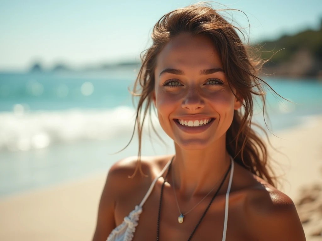 a beautiful white woman with black hair, tanned brunette, western, Youngh, 20 year, long wavy messy hair, (breasts big:2.0), she has a thin face, she has straight bangs down to her eyebrows, she is a pirate, she is opening a big chest full of treasures gold and precious stones, he laughs and laughs loudly, her skin is dirty and sweaty, It&#39;s very sunny on the Caribbean beach, there is a scimitar stuck in the sand, pale skin with visible veins, there are knife cuts on her skin, she has a piercing gaze with her sky blue eyes, she has thin lips and a wide mouth, she has freckles, long thin nose, the eyebrow is furrowed, thin eyebrow,  her makeup is smudged, real image like a mirror, life like, uhd, hyper detailled, motion and depth blur, olhos hyper detailleds, camera diagonally as if it had fallen to the floor, pirate hat, revealing neckline, (she has a gold tooth:2.0)
