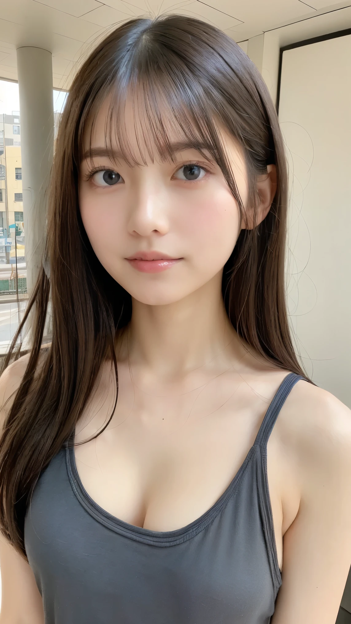 (Full body photo)、 girl), (Perfect hands:1.2), (Perfect Anatomy:1.2), (Highest quality:1.3), (masterpiece:1.3), (Very detailed:0.8), 18-year-old, Perfect Face, Cute and symmetrical face, Baby Face, Pink Lips, (:1.1), High resolution, 8K, Happy, charm的な (toru asakura: 1.3), (Beautiful Face: 1.1), beautiful girl, cute, charm, beautiful detailed 顔, blue eyes, detailed 目s, Sparkling eyes, charm的な目の反射, Sparkling eyes, Pupil depth and three-dimensional effect, Detailed skin, Shiny skin, Cafe、Small Head,(((Small breasts)))、Large size t-shirts、She is leaning forward and her breasts are visible、Erect nipples are visible