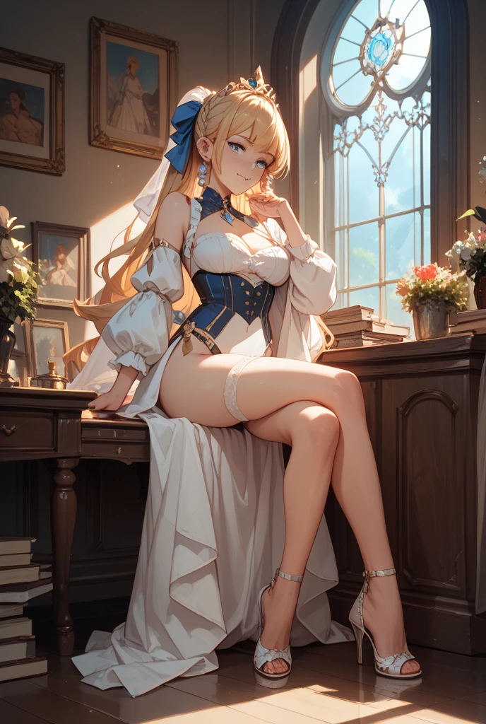 Adult Woman, Long dark blonde wavy hair、her thin pubic hair, White and pink dress, Puffy nipple、(Long flared skirt)、garter stocking、beautiful tiara、Earring、Medium milk, cute smile face、(Pose to lean forward and emphasize the chest)、sexy hips、high-heels、atlibrary、Sit on your knees on the floor、((Close your arms to your chest and look up)),(with sparkling eyes and a contagious smile), looking at viewer,