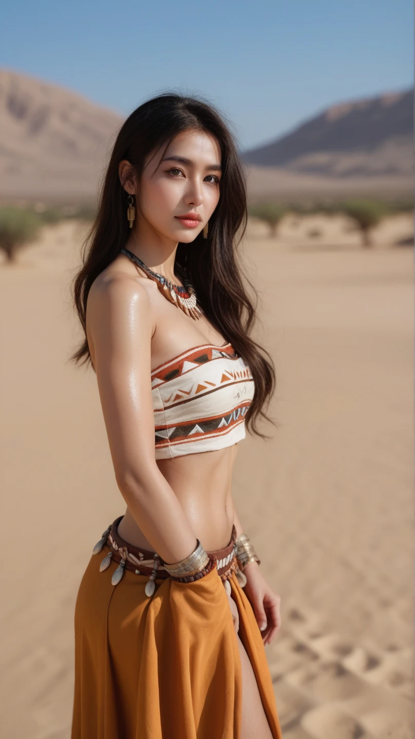 A stunning supermodel is posing in the vast, sandy expanses of the Gobi Desert in Mongolia. The scene is captured through the lens of a professional photographer using an analog Kodak camera, complete with an authentic Kodak analog filter. The photograph exudes the nostalgic charm of the 1990s. The model is adorned in traditional Mongolian attire, her clothing vibrant and intricate against the arid landscape. The warm tones and soft grain of the film create a timeless, evocative image that beautifully blends the elegance of fashion with the raw beauty of the desert. super fine body, super fine face, super fine eyes, super fine nose, superfine mouth, super fine hands, super fine fingers, good shape, very perfect body, very perfect face, very perfect eyes, very perfect nose, very perfect mouth, very perfect hands, very perfect fingers, super detailed body, super detailed face, super detailed eyes, super detailed mouth, G cup boobs, analog camera, kodak analog camera effect, analog filter.