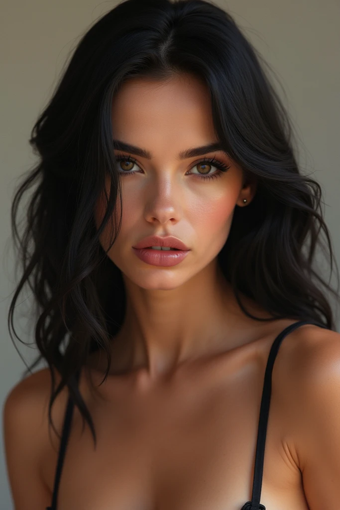 Create a realistic white woman with black eyes and long black hair looking straight ahead. with a lamborgini 