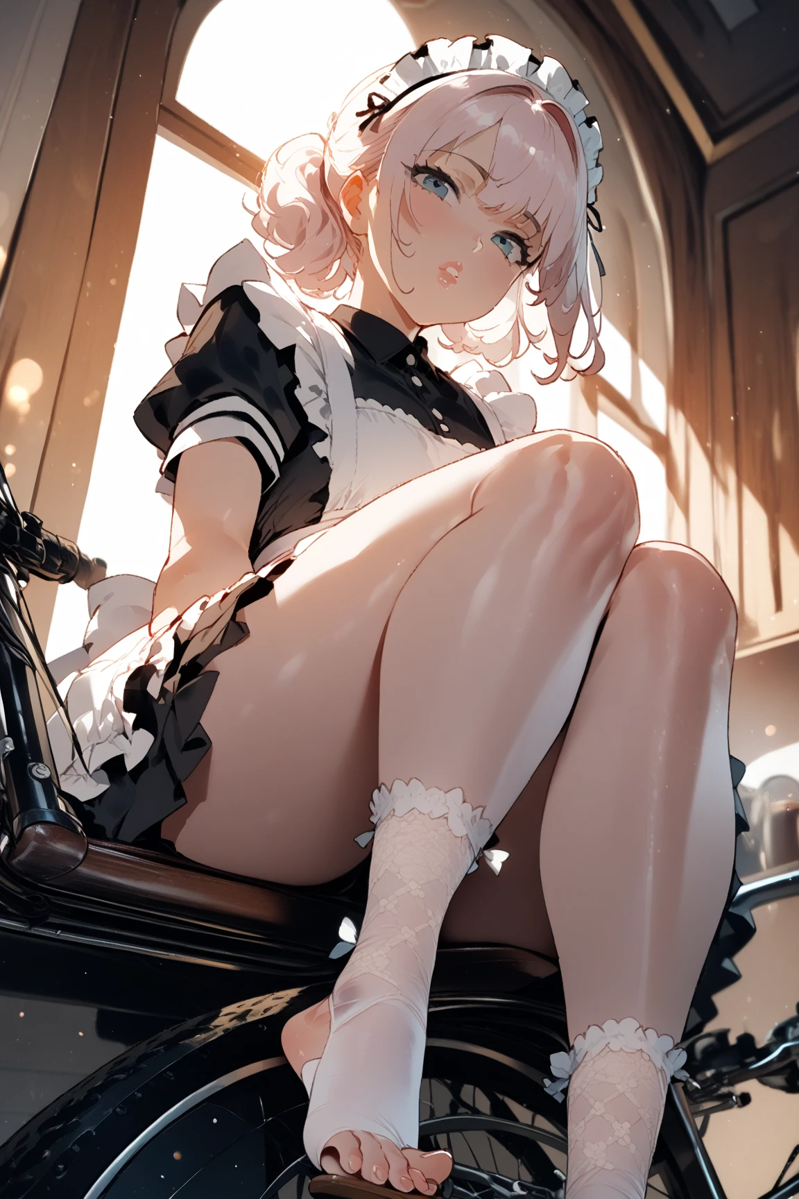 、Pink Hair、Medium Hair、、Pale blue eyes、Head to toe full body、Blushing、Embarrassed look、Composition from the front、A view from slightly below、Sit facing forward、No shoe-shaped legs、squat、Spread your legs in an M shape、Grab my leg、、、、White panties、black pantyhose、(black_pantyhose):1.2)、White panties are visible、bedroom、Inside the room、、Staring at the audience、Thin legs、Thin thighs、Slim toe、Squatting on the stairs