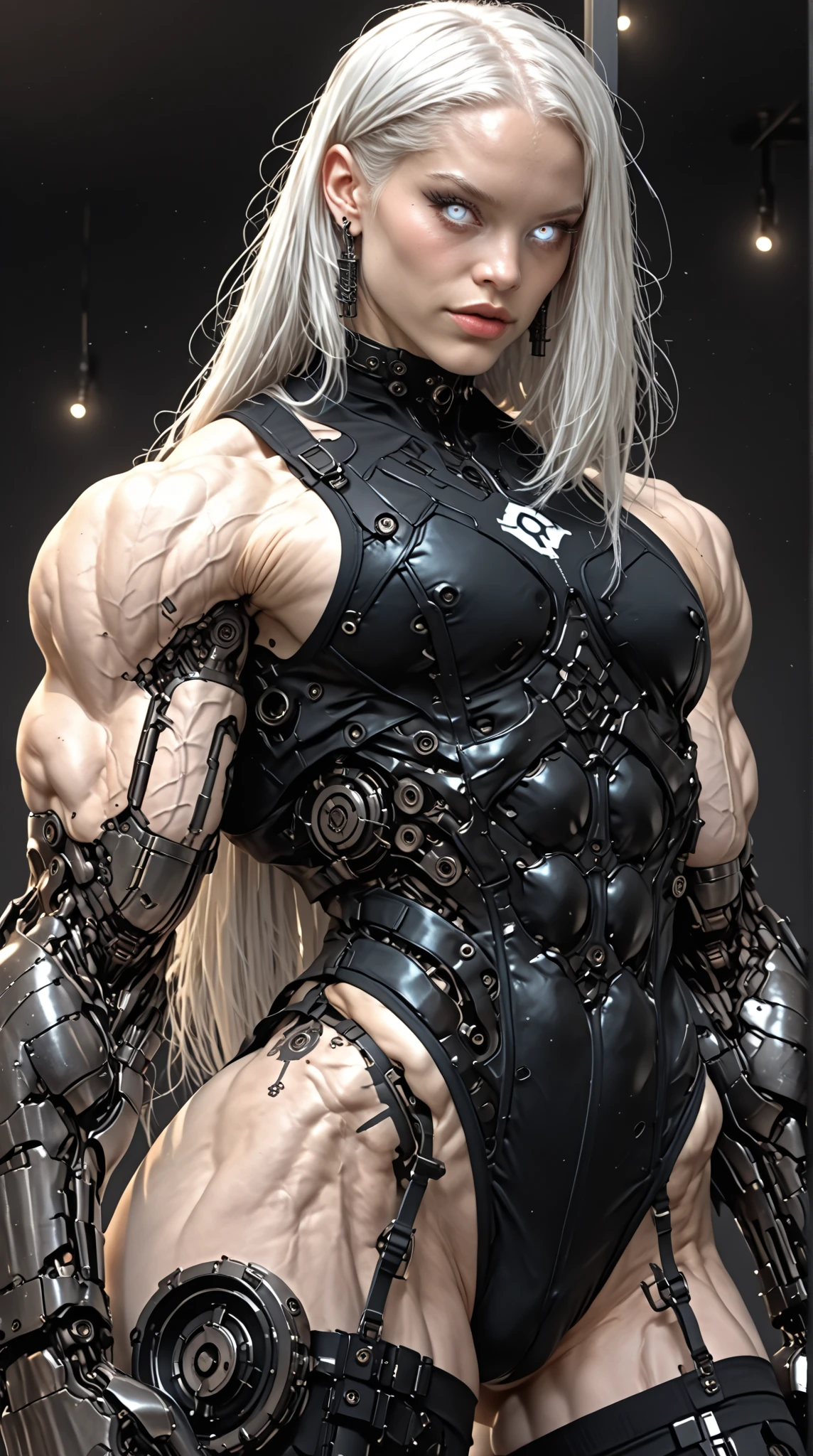 ((Massive, beautiful, buff, light brown skinned muscular woman with white hair, black lipstick, ginormous bulky muscles, wearing a half-zipped black Stealth latex armor suit with pants)), (close view), massive muscles, massive biceps, hyper muscle shoulders, ginormous muscle arms, hyper muscle triceps, (straight long hair), blue eyes, choker, stealth belt, black boots, fingerless gloves, standing in an industrial building, sensual smile, night, hyper vascular arm, hyper muscles arms, hyper muscle legs, ginormous arms.