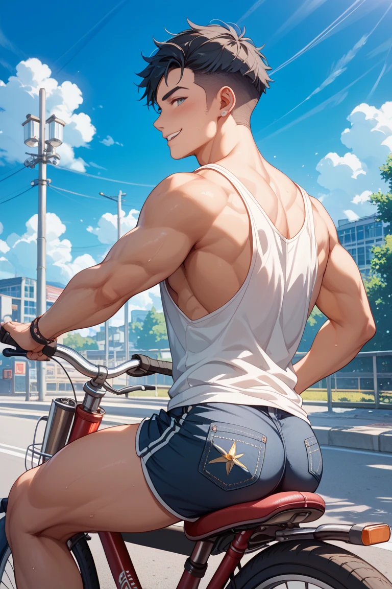 1boy、Photo Quality、Cute handsome man、Mash Hair、Japanese male, 、Completely naked、Full nudity、erection、Huge penis、Highest quality、Realistic、beautiful、Rear view of a person riding a bicycle