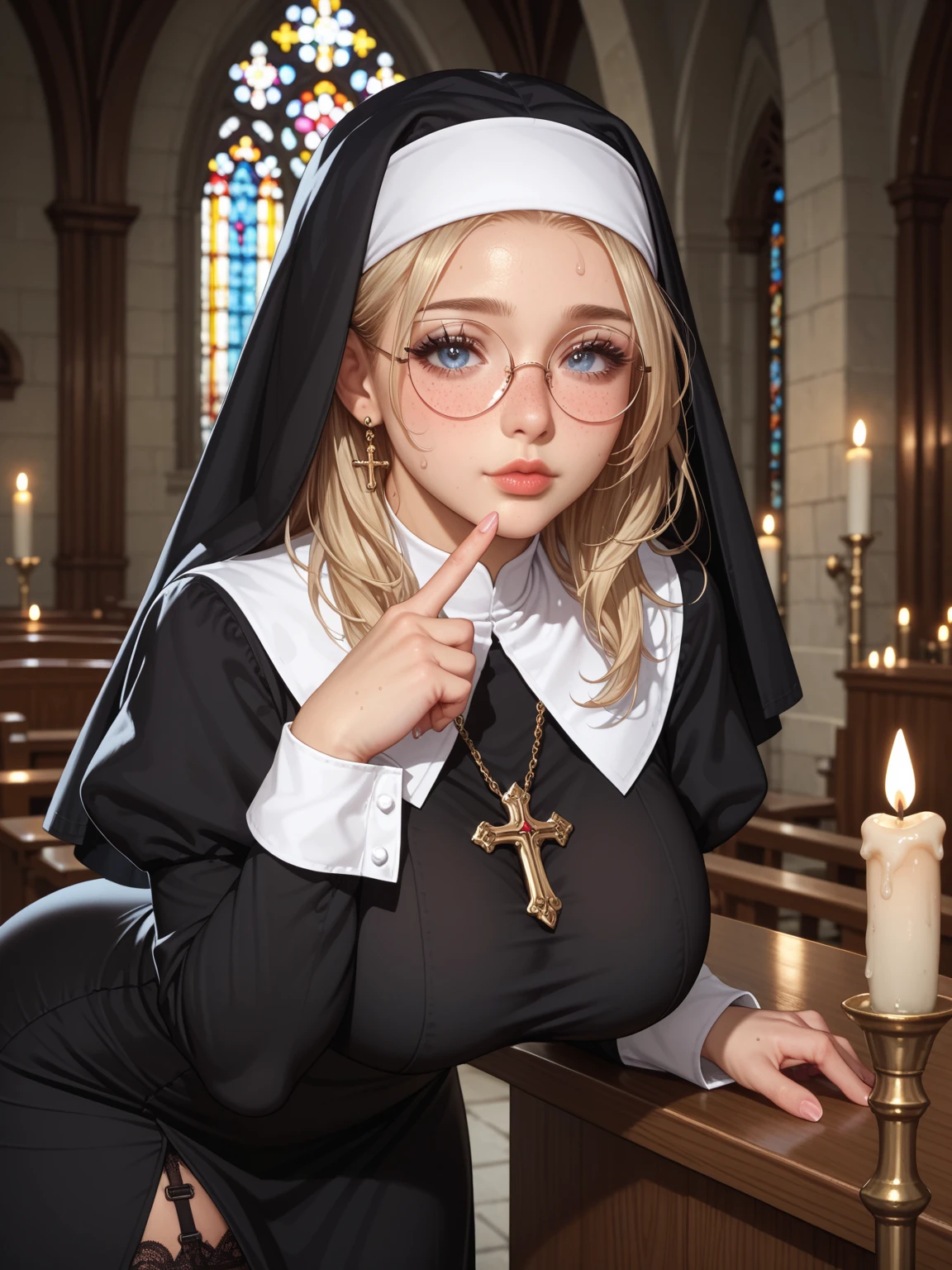 blonde，Blue Eyes，Long hair，Big breasts，woman wearing nun uniform，Slightly fat face，Mature teenage girl，Royal sister，Black-rimmed glasses