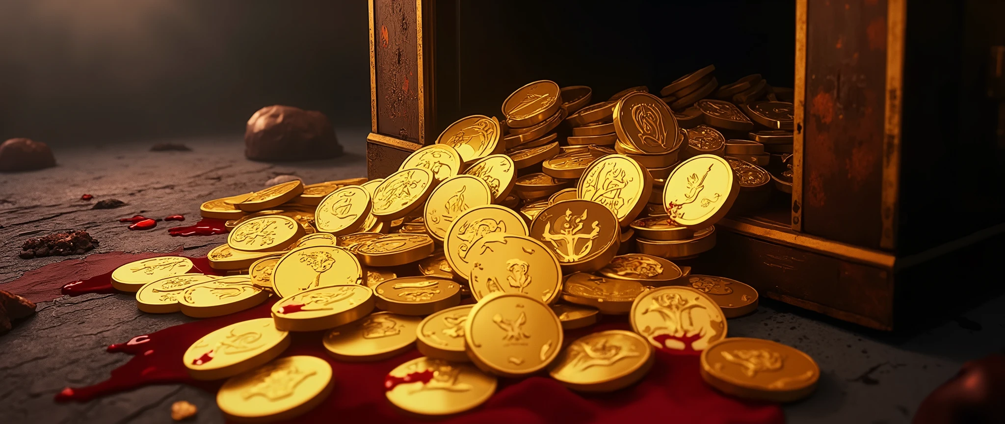 Imagine an open safe filled with large, compromised gold coins. Each coin has symbols related to war, such as firearms, shields, or flags, engraved on its surface. Some coins are stained with dark, viscous oil, reflecting the corruption and destruction associated with conflict. In addition, bright red blood stains are scattered across the coins, symbolizing the human cost of war. The scene conveys a sense of corrupt wealth, greed, and the dark side of power, with a stark contrast between the gleaming gold and the oil and blood stains., cinematic composition, vibrant colors, depth of field (best quality, 8k, high resolution, masterpiece: 1.2), ultra detailed (realistic, photorealistic, photorealistic: 1.37), cinematic lighting, dramatic shadows, romantic scene.