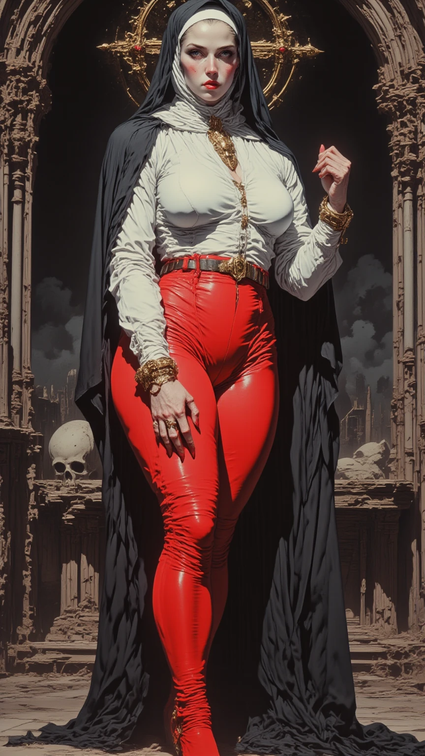 attractive vampire woman, large sharp vampiric fangs, very long curly raven-black hair, long elegant dress, strong well defined muscle, lean powerful bodybuilder physique, perfect and flawless musculature, great muscle definition, perfect muscular body
