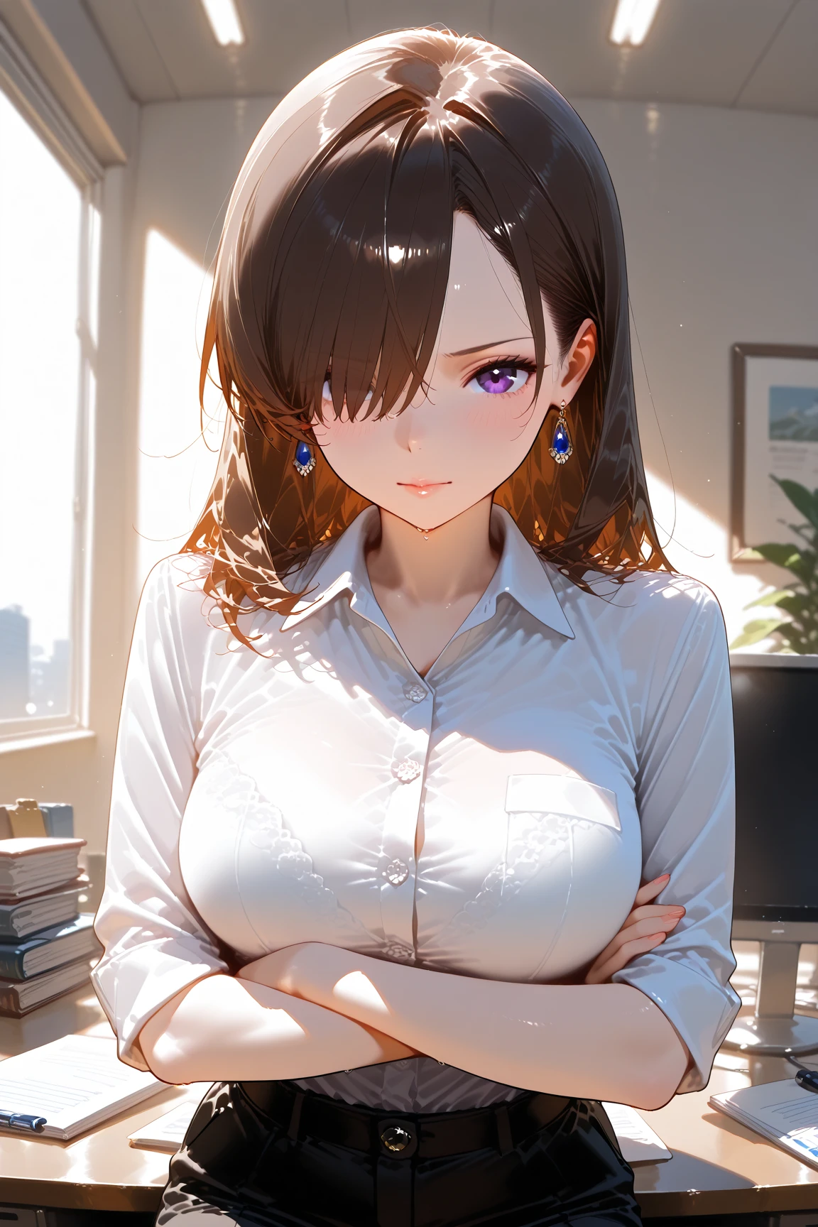 1girl, hair, breasts, cleavage, curtains, earrings, front-tie_top, jewelry, large_breasts, lips, looking_at_viewer, shirt, solo, tied_shirt, upper_body, shirt