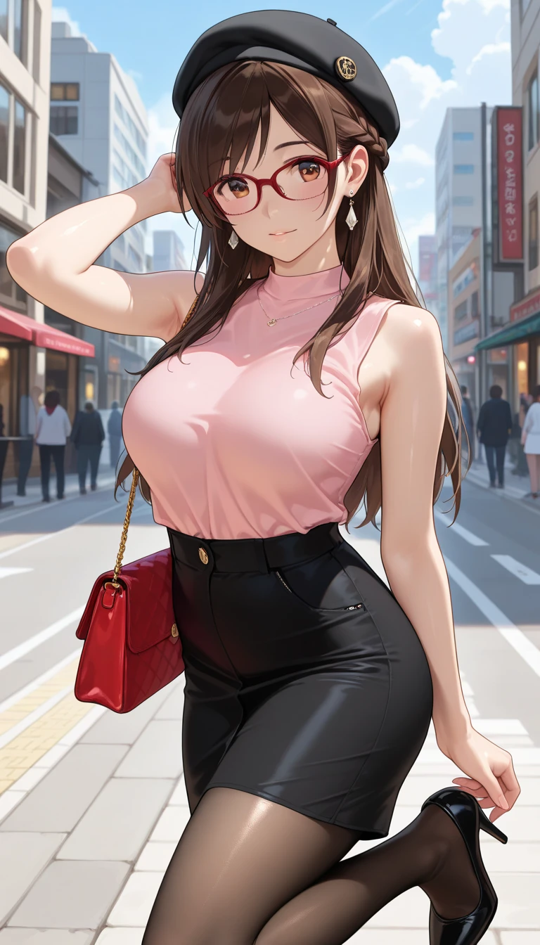 (masterpiece, best quality), intricate details, solo, standing, cowboy shot, (straight-on, looking at viewer), smirk, depth of field, <lora:Paulina-08:1>, fwpaulina, black short sleeveless dress, plunging neckline, belt, sunglasses, bracelet