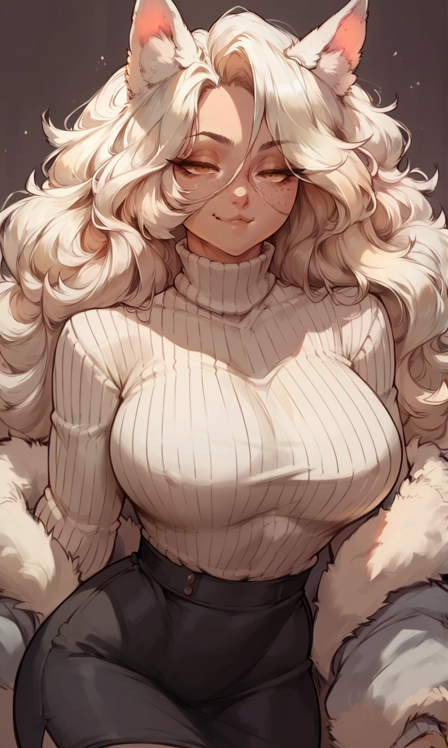(solo) female anthro Lamia, long fluffy hair, fluffy hair, Lamia, (big breasts:1.5), attractive,turtleneck sweater, turtleneck, Lamia body, Lamia tail, thicc, freckles, freckles on face, smug eyes, (happy expression , moaning with open mouth and tongue out viseble saliva),lying down, pov from front and above, violet background, simple background,