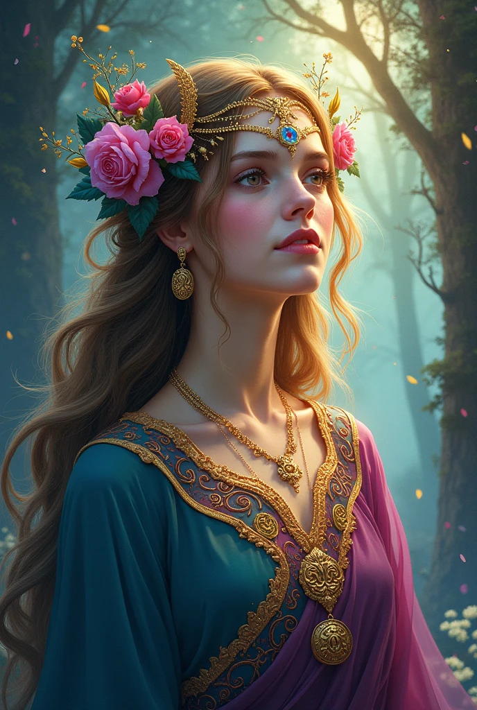 (((Full Body View))), (Highly Detailed, HD), high octane, 8k, high res, Beautiful, Stunning, Character, young adult, woman, feminine features, wearing a long draping dress of soft pink fabric, seductive expression, forest in spring landscape, by alphonse mucha and artgerm, (realistic face), sharp focus, depth of field, (Symmetrical Detailed Eyes), masterpiece, best quality, 3d, photorealistic, high quality textures