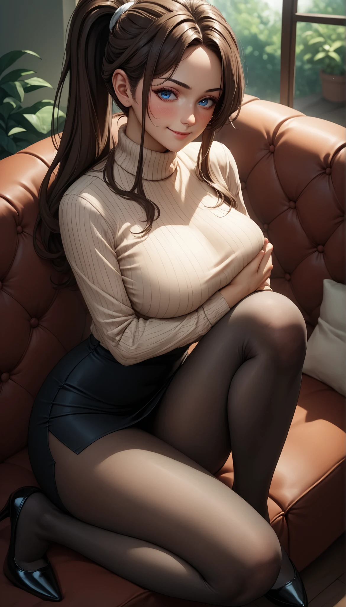 (RAW photo), (Realistic), (photo-realistic), ultra high resolution, masterpiece, highest quality, portrait, facial portrait, perfect lighting, detailed lighting, dramatic shadow, ray tracing, 1 Japanese beautiful lady, 20 years old, Voluptuous, cleavage, symmetrical eyes, beautiful detailed brown eyes, chubby lips, red lips, Super high resolution perfect beautiful teeth, big tits, big ass, big thick thighs, updo hair, black hair, half open mouth, smiling, looking at viewer, (V-neck Sweater:1.2), (black lace pantie:1.2), revealing clothing, in a old Japanese room, Sitting with Knees Up on chair at living, spread legs, Cameltoe,