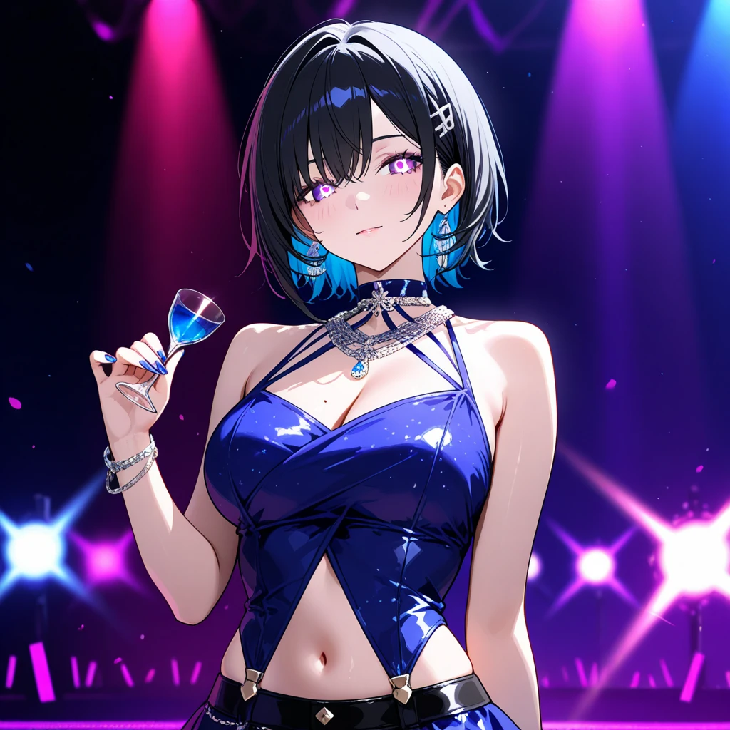 highest quality、4k、masterpiece、Purple spiky hair、Slanted Eyes、blue eyes、Gal、Cat Girl、topless、Sapphire Necklace、Have many ear piercings、Pink Lips、Heavy makeup、Big Breasts、Cat ear、Playing guitar live、Electric guitar、A beautiful stage with neon lights、Wink、Ruthless smile、Red nails