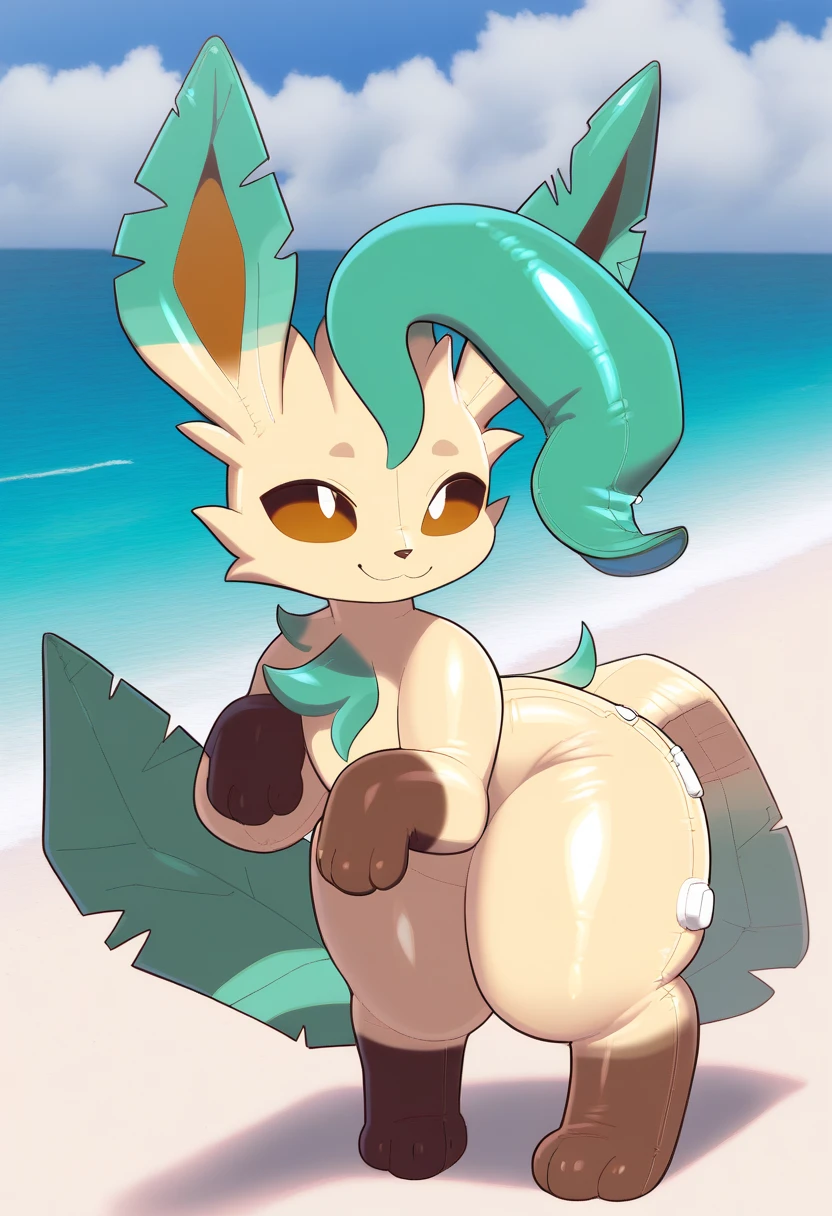 alone, score_9,score_8_up,score_7_up, anthro female leafeon, wearing frilly white bikini, beach background, rear view, bent over, hands on knees, looking at viewer.