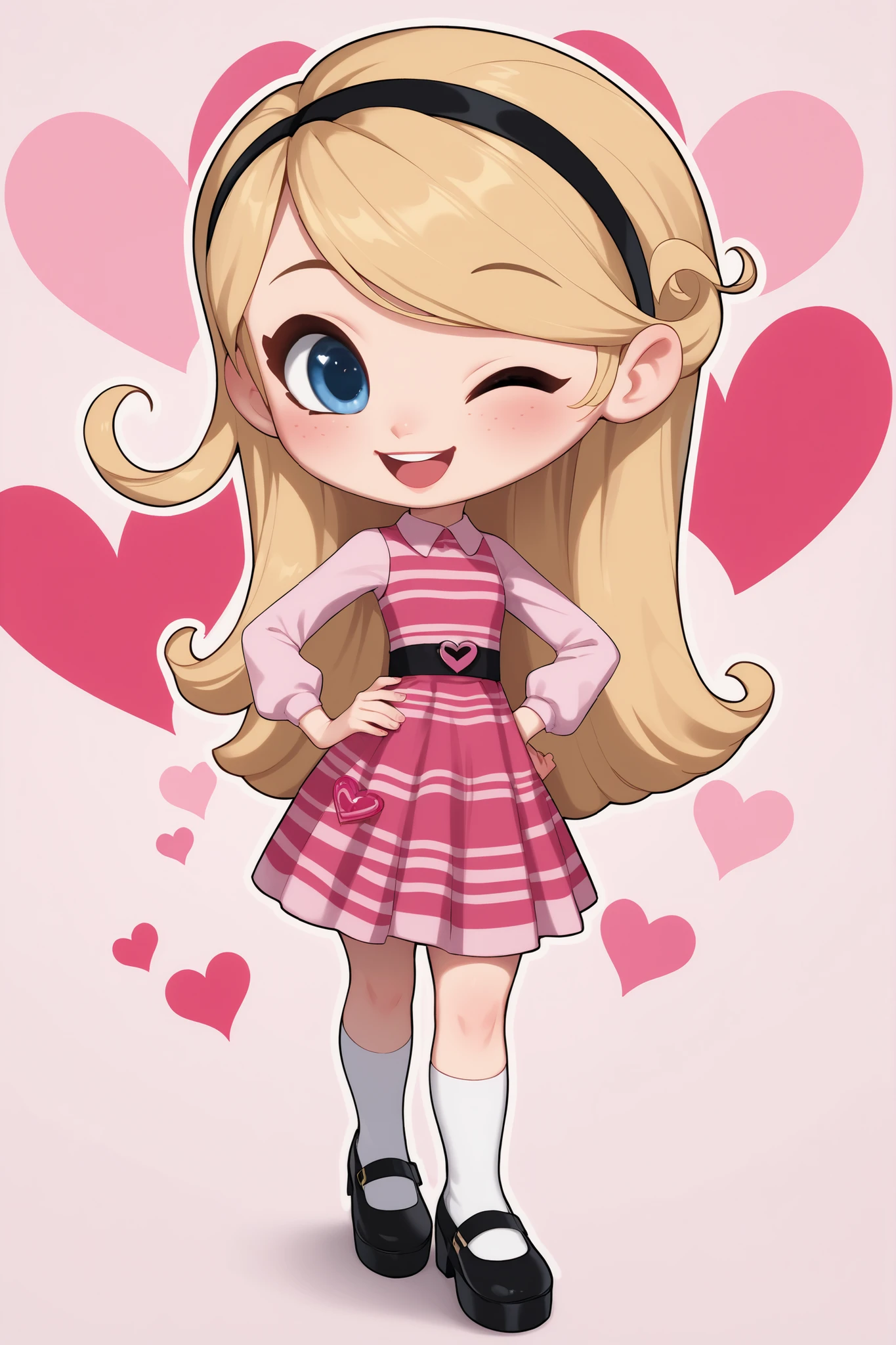 1girl , full body , solo , penny peterson , long hair , blue eyes , freckles , blonde hair , skirt , hairband , black hairband , white long tube socks , dress , pink dress , long sleeves , black mary janes , young, cute, ,thick_thighs, ,cute smile , joyful, ,happy, ,closed open, ,one hand on hip, ,sideview, Hearts, heart Background, chibi, blush, one eye closed