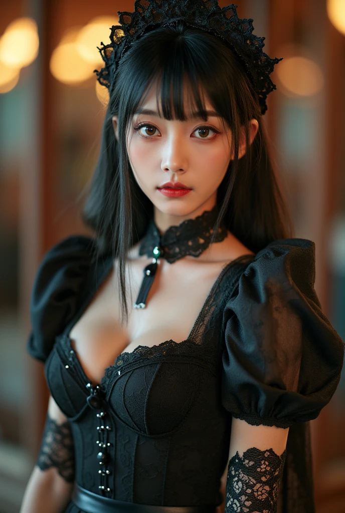 Surreal、Delicate and detailed line drawingasterpiece、highest quality、Highest quality、(One Woman、16 years old、(big breasts:1.3), (big ass:1.3)、(Black Hair、Hime cut, Short Hair:1.2)、(Natural Makeup、Eyelash extensions、Sharply draw eyelashes、Eyebrows are thin and short、Deep orange blush:1.1)、(Spaced out、Looks sleepy、Mouth open、A little red cheeks:1.2)、(Black simple hair accessory、A gothic dress with a revealing chest:1.3))、Dark Rose Garden、Purple roses、(Blur the background:1.3)、(The subject is viewed from above:1.1)、Photo from thigh up