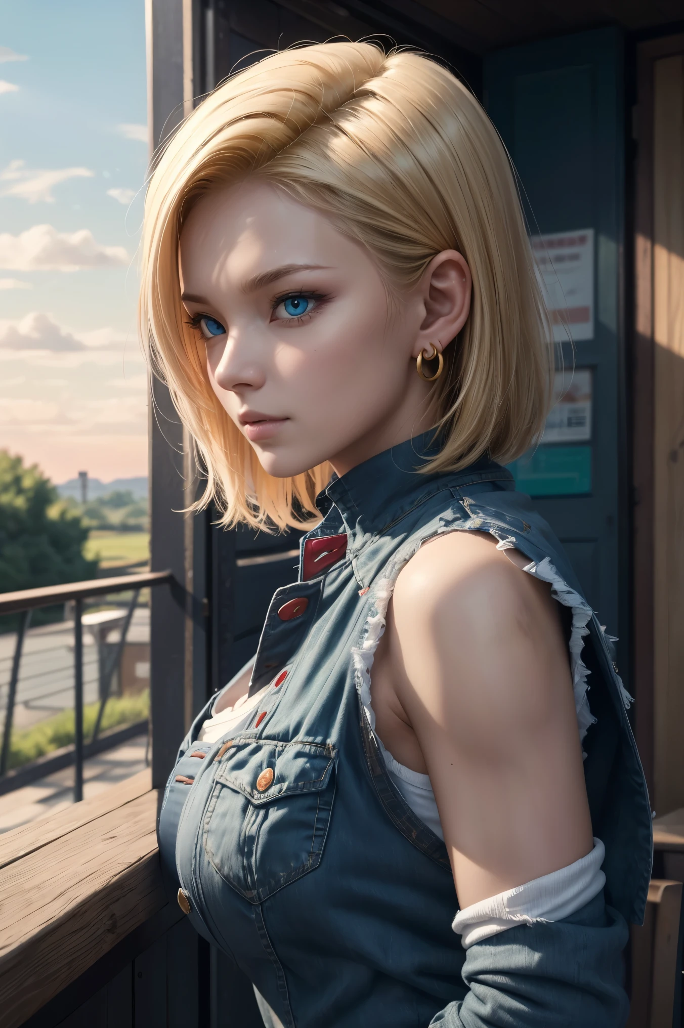 No.18,Dragon Ball Z,Dragon Ball Super,One-length hair,beautiful white blond hair,Shortcut, beautiful blue eyes ,PINK LIPS,white skin,cool expression,black sleeveless,blue jeans per boy,Ultra HD,super quality,masterpiece,DSLR,Photorealistic, Detailed Details,Vivid details,depicted in detail,Detailed face, Detailed Details,Super Details,Realistic Skin Texture, colorful candy room ,Perfect Anatomy,anatomically correct hands,anatomically correct fingers,complex 3d rendering,big breasts,Beautiful profile,Gold ring earrings,nature,Beautiful spring scenery,Mysterious spring scenery,sunset,Beautiful Dusk,Hair fluttering in the breeze,Beautiful like a painting,takes pictures of Hirose's whole body,9 heads,