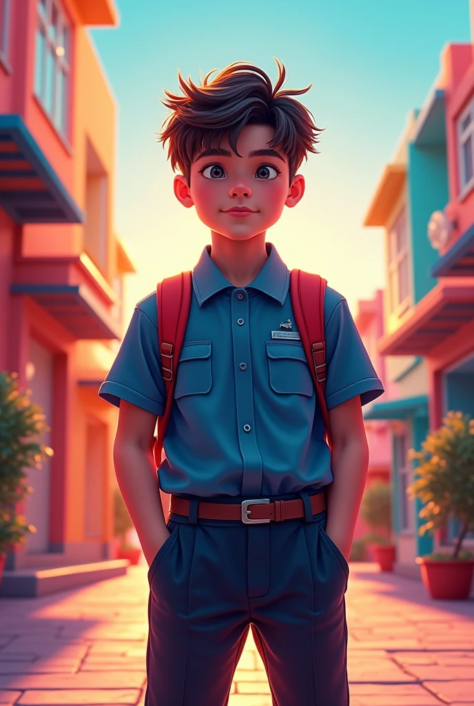 (best quality,4k,8k,highres,masterpiece:1.2),ultra-detailed,(realistic,photorealistic,photo-realistic:1.37),HDR,UHD,studio lighting,ultra-fine painting,sharp focus,physically-based rendering,extreme detail description,professional,vivid colors,bokeh,portraits A boy with short light blue hair, wearing a boy school uniform, with glowing red eyes, standing in a bustling city. The boy has a calm and chill expression on his face. He is surrounded by tall buildings and colorful neon lights, creating a vibrant and lively atmosphere. The cityscape extends into the distance, showcasing the vastness and energy of urban life. The boy's blue hair contrasts with the warm tones of the city, making him stand out. His uniform is neat and well-fitted, representing his disciplined and studious nature. The glowing red eyes add a touch of mystery and intrigue to his appearance, hinting at supernatural abilities or a hidden power within him. The portrait of the boy is of the highest quality, with every detail meticulously captured. The lighting in the scene is carefully crafted to enhance the boy's features and create a dramatic effect. The colors are vivid and vibrant, further enhancing the overall impact of the artwork. carrying backpack. wearing sneakers. tired. from a far. yawn. a girl with white hair. wearing girl school uniform. carrying bag