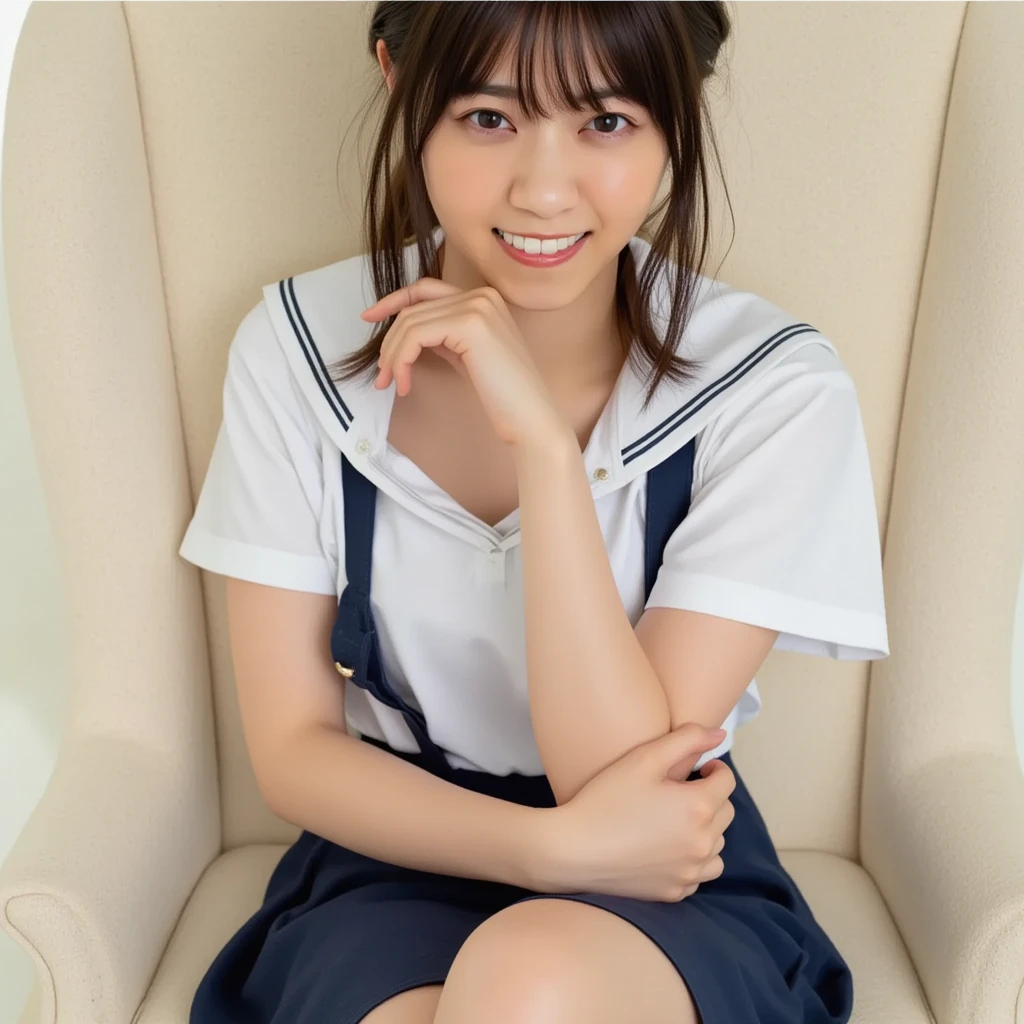 ((School uniform, White button shirt, Dark blue skirt、no-makeup、Sit on the sofa))、(realisitic、Photorealsitic、ultra-detailliert、Highest Details Skins、top-quality、masterpiece、超A high resolution)、Cute Japan Woman、17 age、hi-school girl、younggirl、1 girl in、I have bangs、二重まぶた、drooing eyes、Large black eyes、Japanese style face、ssmile、Charming、purity、Cute smile、double tooth、View here、Realistic skin type、simple background、thighs thighs thighs thighs、Shorthair