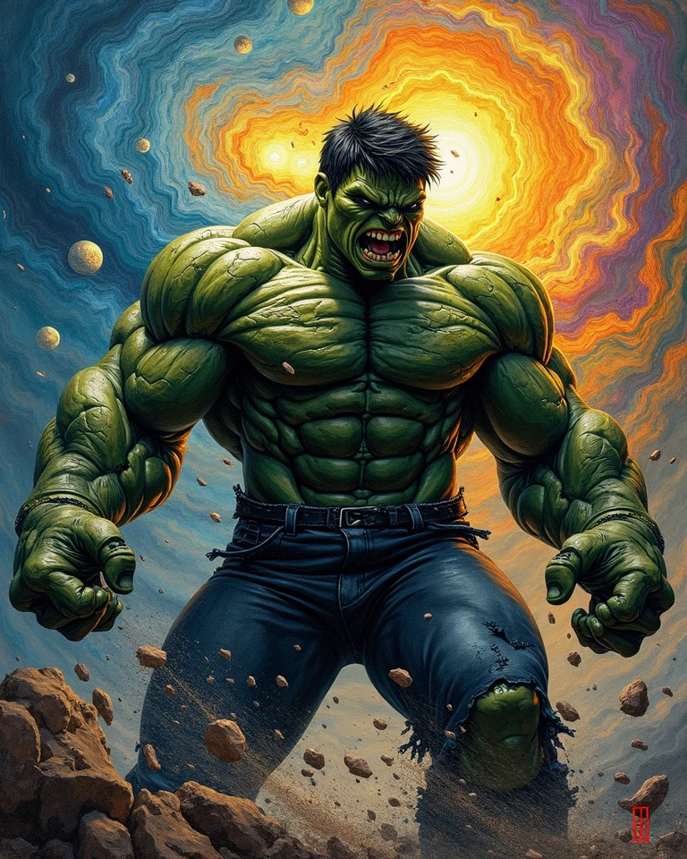rock hulk marvel by playing the piano with a thunder background and a very rock vibe.