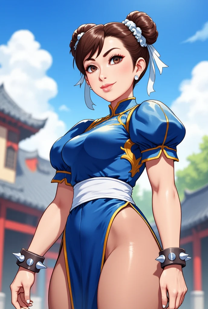 chunlifortnite, 1girl, short hair, brown hair, ribbon, brown eyes, jewelry, hair ribbon, sleeveless, hair bun, bracelet, lips, blue crop top, double bun, blue bodysuit, thick thighs, spikes,spiked bracelet, unitard, studded bracelet, chun-lin, teasing,