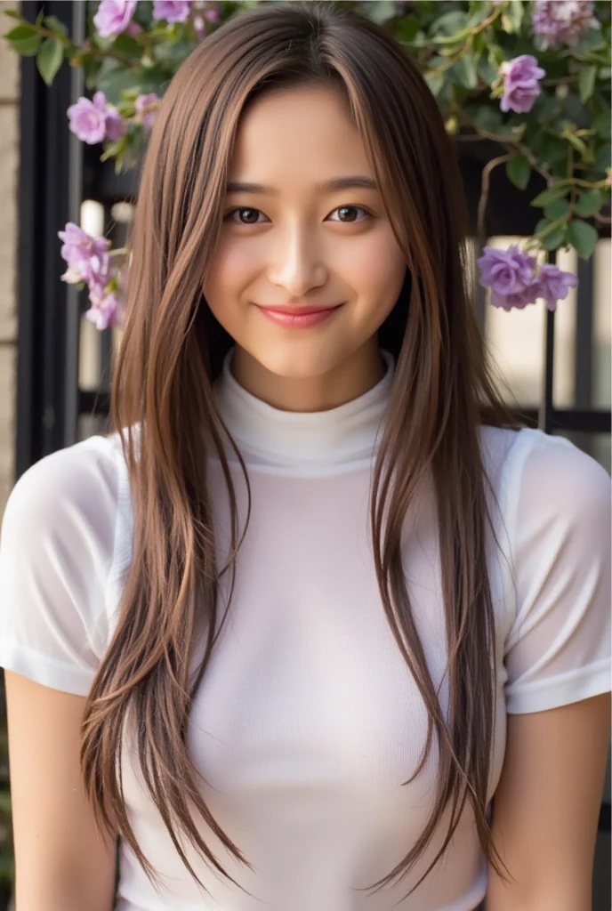 indoor, Asian woman with long hair and pink jacket, neat hair with bangs, Long hair with bangs, Ulzzang, Hime cut, Jaeyoung Nam, long hair with bangs,, Face that faithfully reproduces the face of LoRA, High resolution, Very detailed, Natural Bangs, highest quality, smile, Long hair