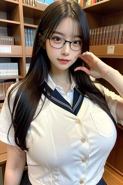 ((japanaese girl)), 8K, Raw photo, Best Quality, ultra-detailliert, Ultra High Resolution, Realistic, photographrealistic, high-definition RAW color photography, professional photograpy, Extremely detailed, 8K Wallpaper, amazing, finely detail, Huge file size, extra detailed face, extremely detailed eye, highlydetailed skin, extremely detailed fingers, highly detailed nose, highly detail mouth, Perfect Anatomy, Highly detailed background, Realistic body, Good figure, blown hair, (Medium Hair), Cute face, Photography, (Smile), Perfect Skin, Perfect Anatomy, ((Disheveled clothes)), (cleavage), (Round glasses), (Mole), ((Library)), Wet body,