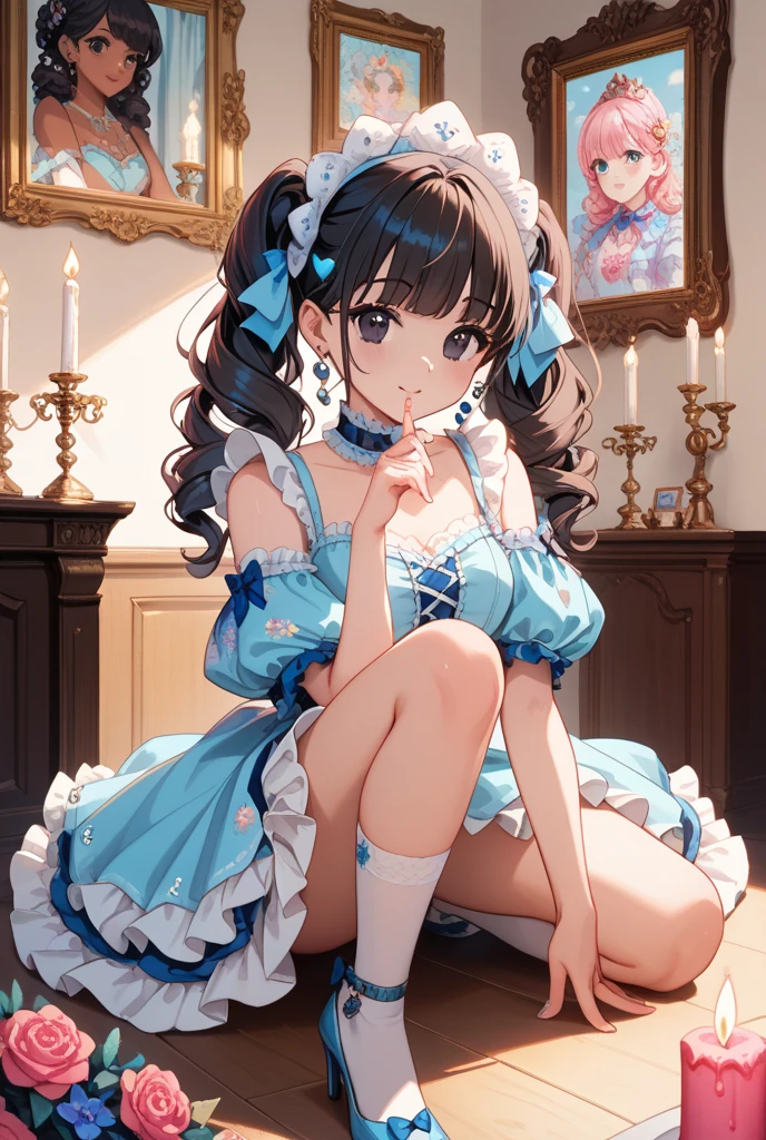Arafed image of a beautiful girl dressed as a maid and white stockings, anime girl, royal blue maid uniform with miniskirt and ruffles, short sleeves, choker with a blue bow, white apron, low-cut chest, large round breasts, colored inner hair, dark brown hair, bangs, long hair, ponytail, wavy hair, swept bangs, shiny hair, hairclip, hair ribbon, maid headdress, butterfly hair ornament, aqua eyes, glowing eyes, pupils sparkling, earrings, shy, blush, red lips, glossy lips, teeth, nose blush, embarrassed, (standing, modern mansion, skirt lift), she looks back, you can see her panties, nice round buttocks, white lingerie with pretty lace, view from behind, her skirt accidentally rises, upskirt, full body, defined and perfect body, high detail, anime, anime style, chiaroscuro, depth of field, dithering, image fill, framed, wide shot, panorama, perspective, lens flare, Wide-Angle, f/1.8, 85mm, Nikon, 8k, super detail, UHD, retina, masterpiece, accurate, anatomically correct, high details, best quality, highres, 1080P, 16k