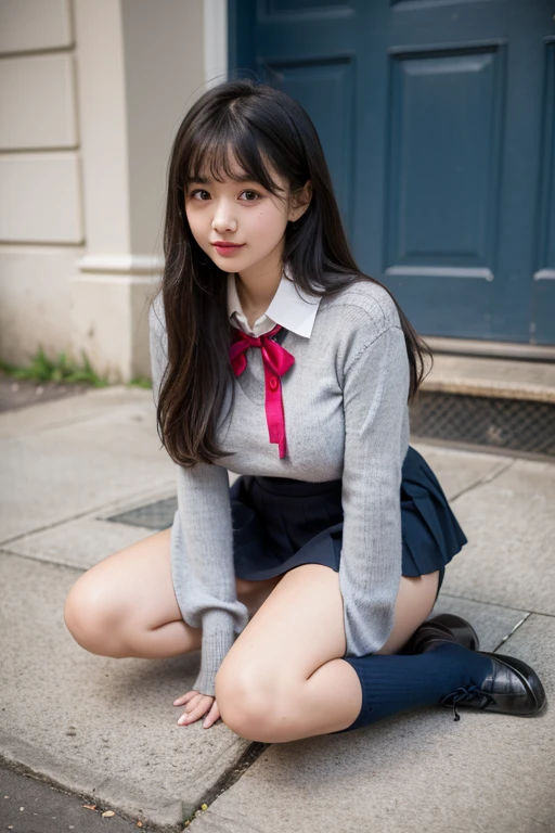 (NSFW:0.99)、a beauty girl, (Skirt lifting), looking in camera, Angle from below, Short skirt, Squatting, Shy smile, Japan school uniform , Beautiful skin, ((Highest Quality, 16 K, masutepiece: 1.3)), 1 girl, Light on Face, hyperdetailed face, very detailed lips, Detailed eyes、real looking skin、Panties with cute designs、Shaved、Variety of hairstyles、Uniforms of different colors、Dress naturally、vans sneaker light、Detailed panties