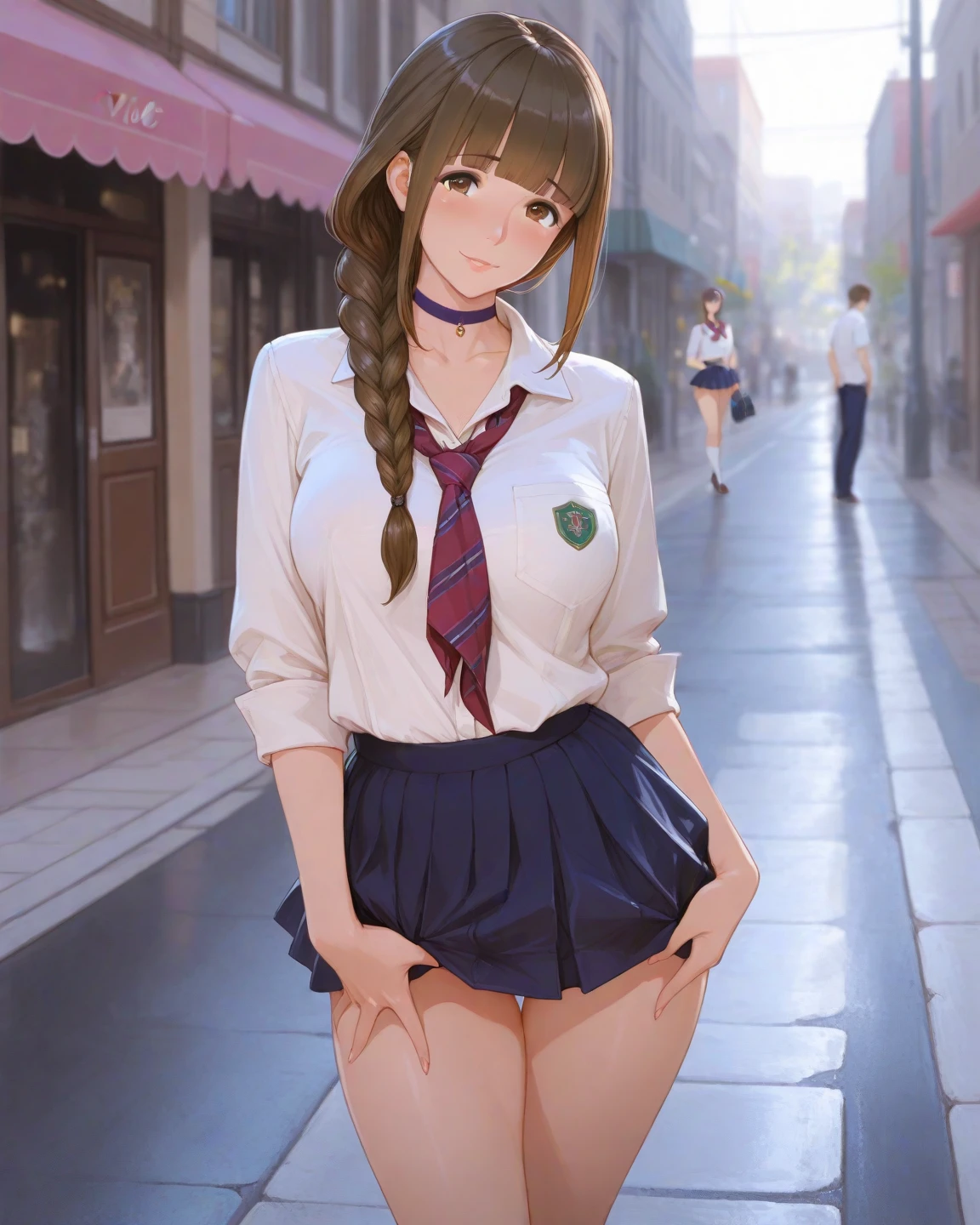 (((masterpiece, Highest quality, High resolution, 超High resolution, Perfect Pixel, Depth of written boundary, 4K, RTTX 10.0))), Beautiful Anime Woman, Beautiful art style, Anime characters, ((Smooth texture, Realistic texture, Anime CG Style)), Exact finger count、Exact number of legs、(Exact number of arms:1.0, Exact number of hands:1.0), (Perfect hands, Perfect Anatomy), Cinematic, Realistic, Extremely detailed CG, Daytime lighting, Perfect lighting, Best Shadow, The best natural light, whole body, Perfectly balanced style, A perfectly balanced body, (Slender body:1.2), whole body, ((bangs, Dark brown hair, Stylish and cute bob cut)), ((A cute woman is standing with her skirt lifted to show her panties:1.3)), (((Female police officer:1.3), uniform, limited cap, uniformのボタン, tie, uniformのジャケット), Leather shoes, Name tag, uniformのパッチ, Police Badge, boots, Epaulettes, uniformのスカート:1.3), (Sexy and cute panties, Shiny satin white panties, Side-tie panties, Panties with plain white center and lace decoration on the sides, Thin panties with red ribbon:1.3), (beautiful and very large breasts:1.1), Feeling embarrassed, (blush:1.2), (Embarrassed expression:1.4), (In town, Cityscape:1.5), Angle from the front, chizuru
