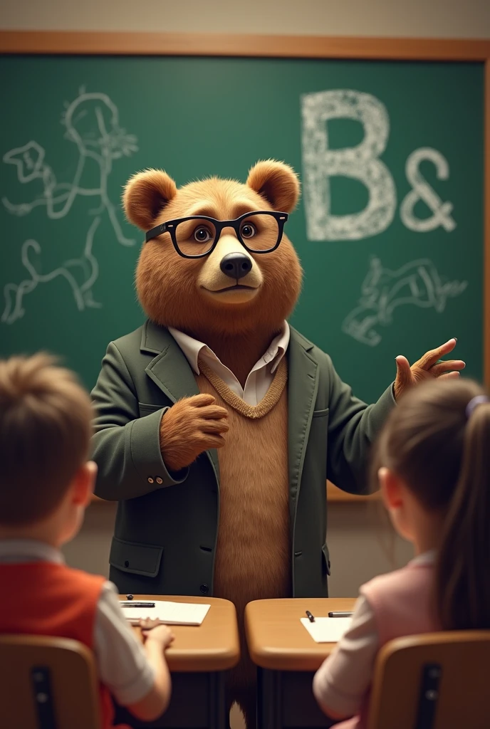 a bear and a snake studying with several children