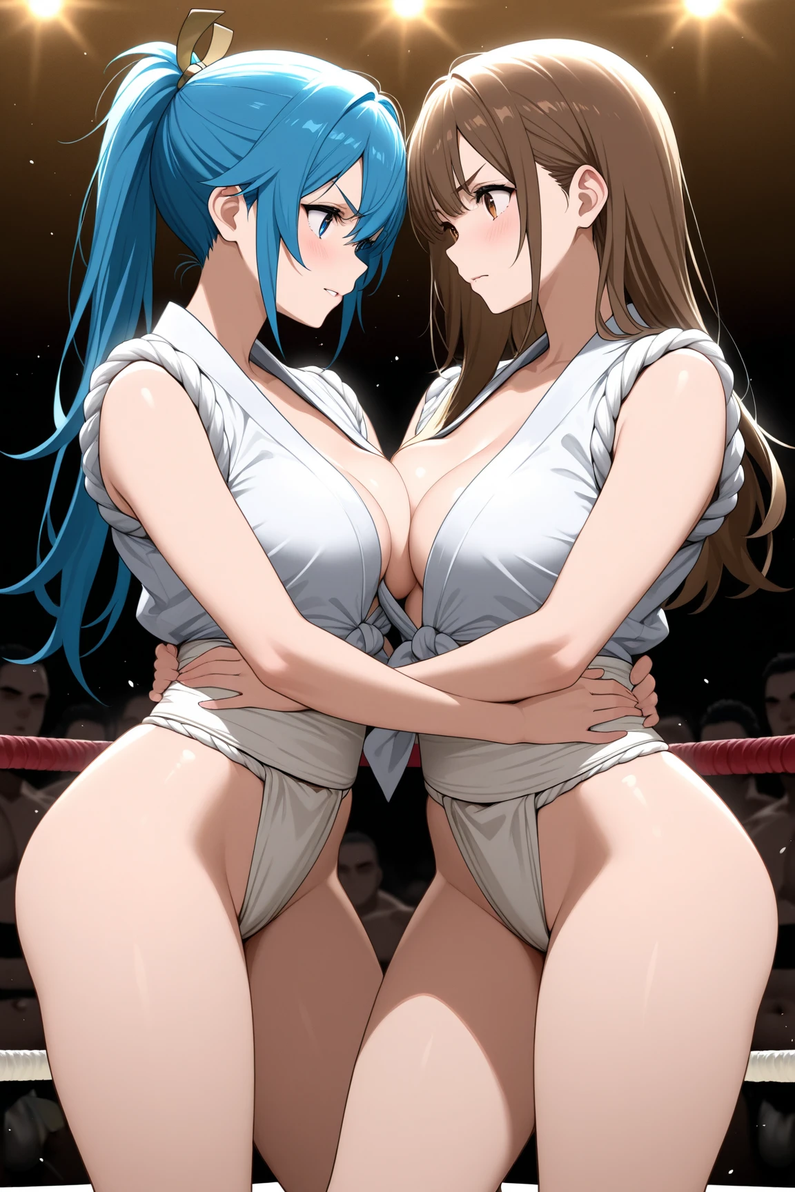 Top image quality、extremely delicate and beautiful、Early 20s、big breasts、big ass,The long-haired、struggle, Bikini、professional wrestling pose、fighting 、Hands behind your hips、two anime girl Fighting eachother、blush, wrestling ring, wrestling arena