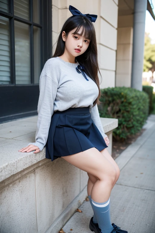 a beauty girl、photorealistic picture、Photo like image quality、Photorealistic face、Realistic body、detailed skin textures、A hyper-realistic、Top image quality、An ultra-high picture quality、see the beholder、8K、hight resolution、The whole body is shown、profetional lighting、Attractive thighs、sitting in a bench、Beautiful leg line beauty、Smooth knees、a park、Red tartan check miniskirt、Micro Mini Skirt