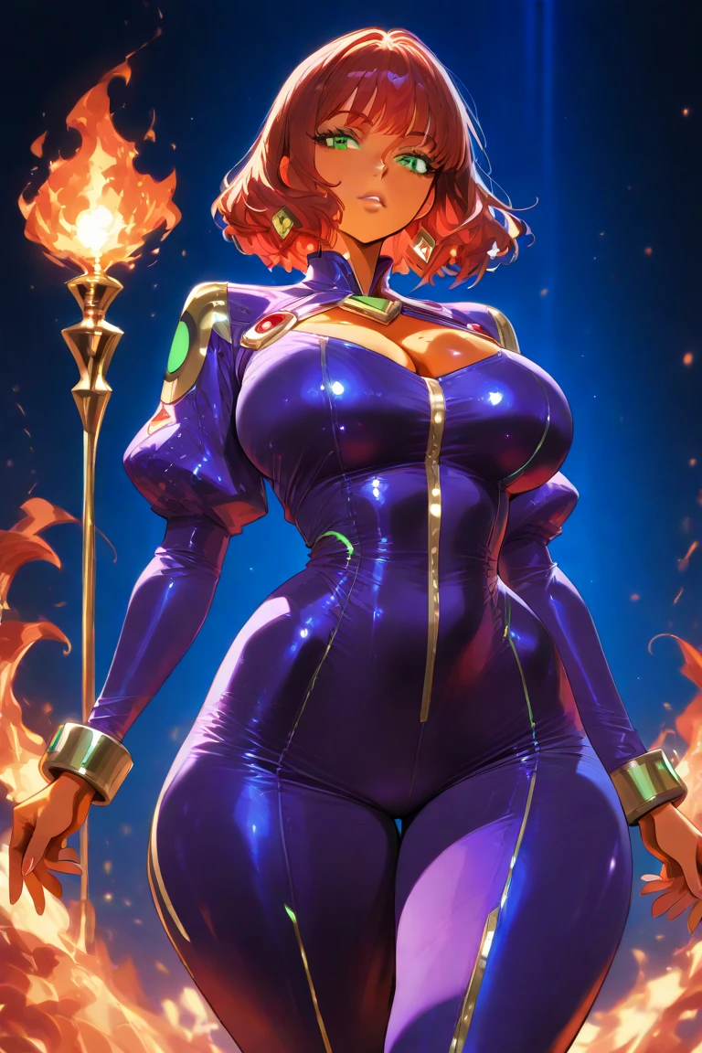 Teela from Masters of the Universe, 4k, masterpiece, high resolution, 3D art style, 1 girl, red hair, blue eyes, lovely lips, slender hips, big breasts, big ass, curvy, thick thighs, large buttocks, oily shiny skin, facing the viewer