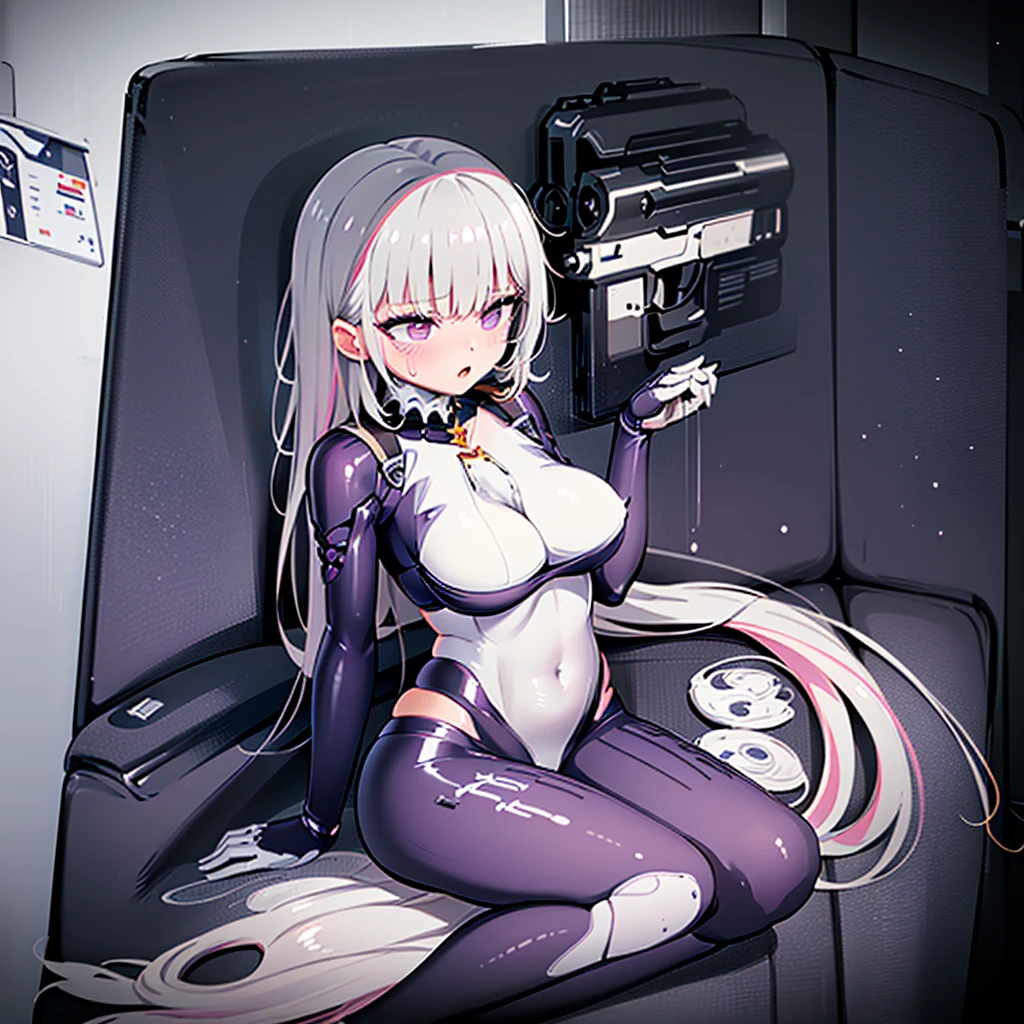 a girl with short hair, white, anime skin, blue eyes, short jean shorts, blue, black swimsuit, under shorts, thicc legs, medium breath, selfie in mirror, cell phone in hand, neckline, biker gloves, white eyelashes, hand on waist