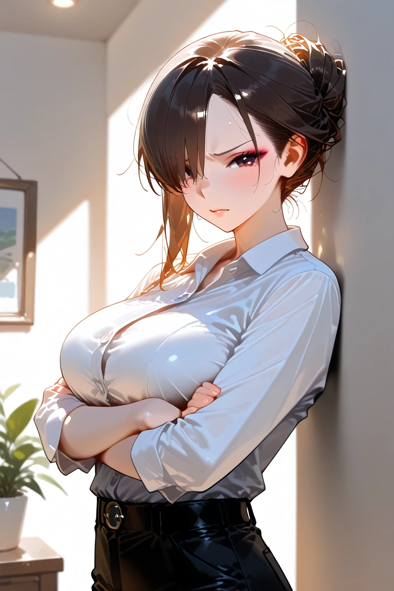 8K, detailed, anime, smooth anime CG art, masterpiece, high quality, highres, best quality, highres, 1girl, disheveled hair, illustration, focus on face, simple background, long hair, socks, black hair, hair between eyes, calm, dress shirt, long bangs, tied hair, braided hair, dominant eyes, ribbons in hair, crimson red eyes, large breasts, breasts, perfect face, perfect legs, no pants, full lips, add_detail:-3