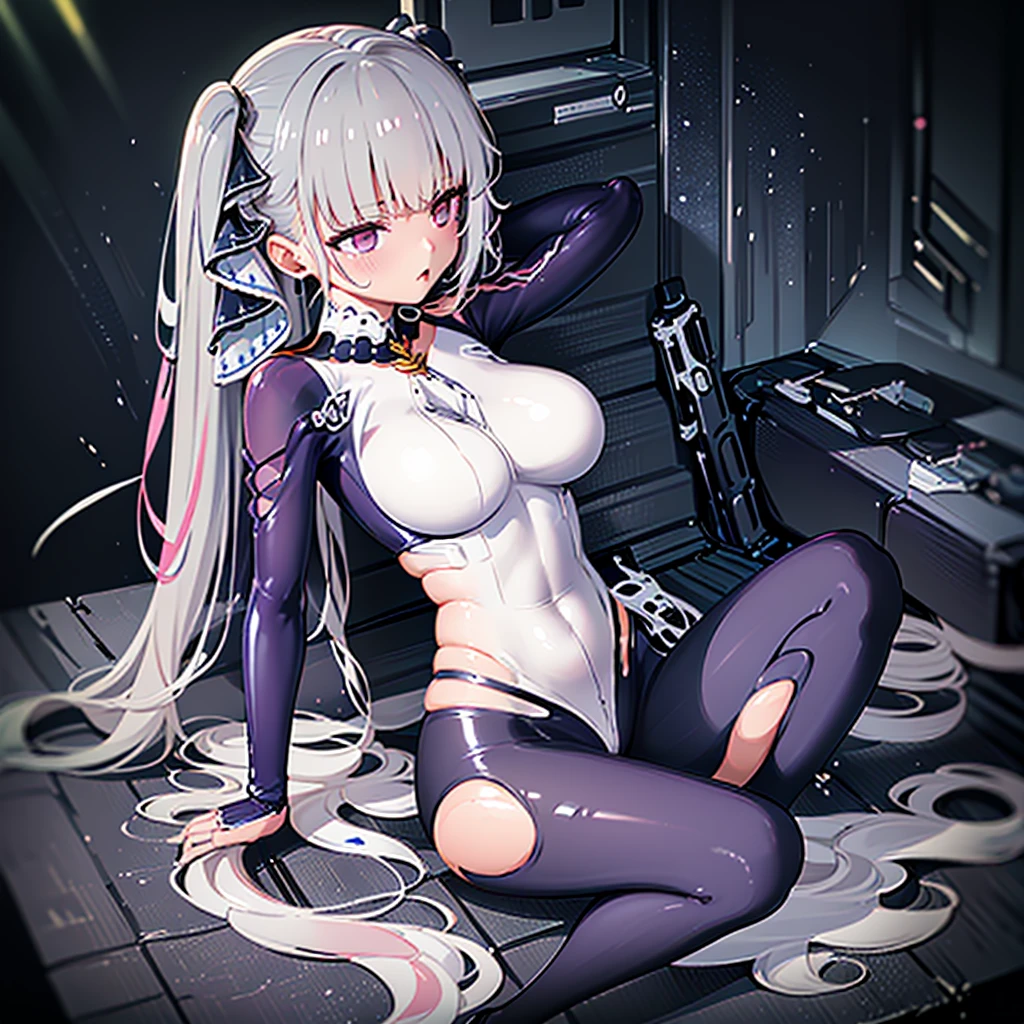 (masterpiece,best quality, detailed), indoors, looking at viewer, 1girl, solo, full body, from above, smile, sitting, wariza,
origin, 1girl, solo, long hair, breasts, bodysuit, very long hair, looking at viewer, medium breasts, expressionless, covered navel,thigh gap, closed mouth
