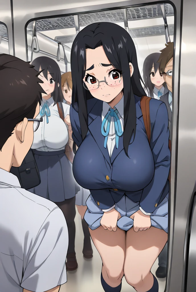 a girl being attacked and harassed by a group of men in the subway, her breasts and thighs are being touched by man&#39;s hands, she tries to escape, his expression reflects shame