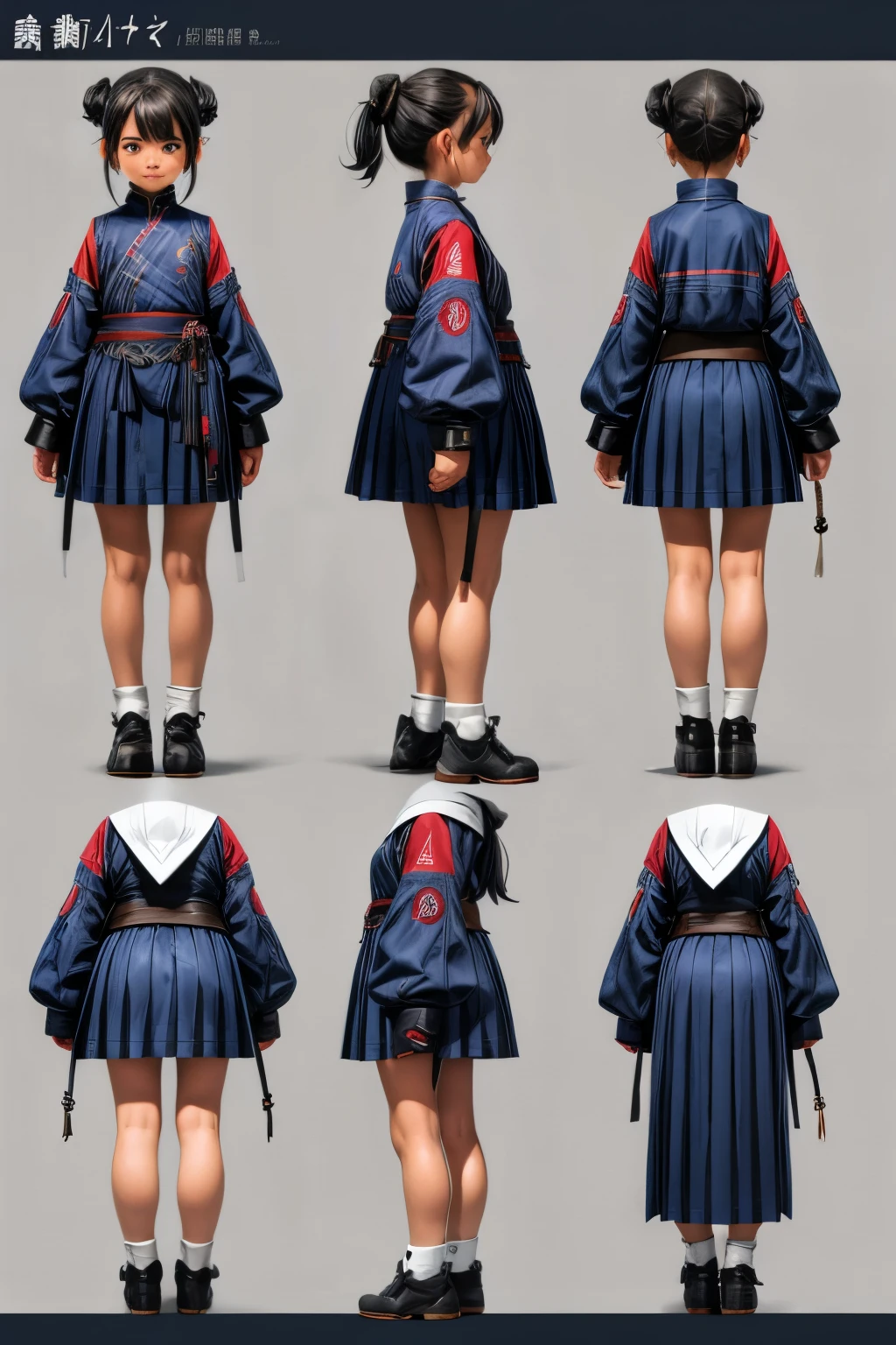 一人の女の子,character design sheet front side back view、character turnaround