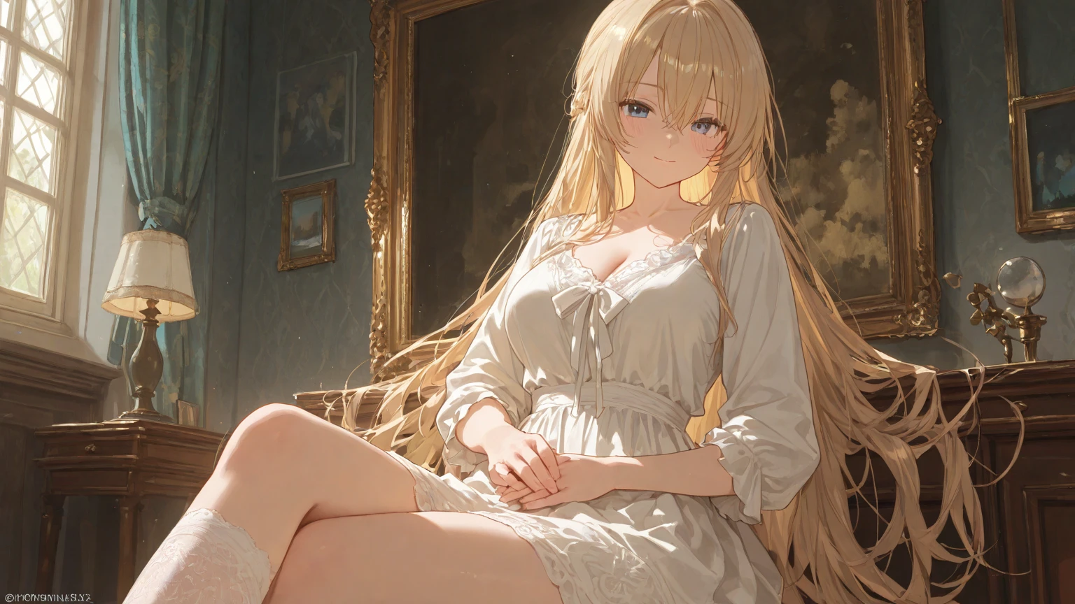 ((best quality)), ((masterpiece)), ((extremely detailed)), (perfect composition), illustration, high-res, realistic, prefect lighting, dynamicangle, absurdres, uncreditable absurdres, 1girl, Laykus, sole, mature, sexy, negligee, see-through:1.15, parted lips, long hair, hair flower, enchanting expressionless, large breasts, explicit, embarrassed, full body, (Detailed eye description), (Detailed face description), looking at viewer, shiny skin, unyielding face, prefect drawn lumps. <lora:CHAR-LakyusAlveinDaleAindra:0.7> <lora:add_detail:0.65> <lora:rainbow:0.3> <lora:negligee:0.7>