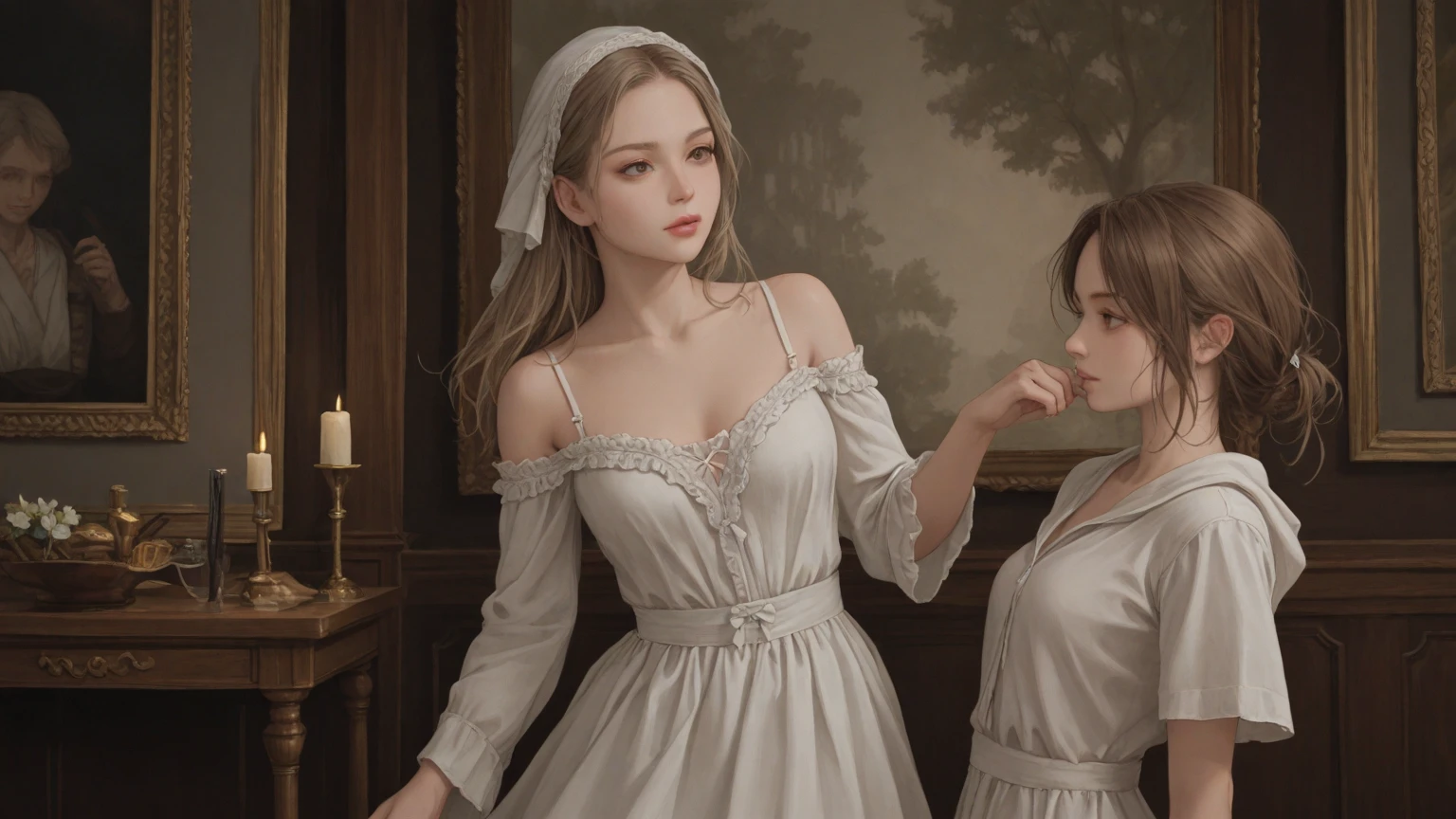 Amazingly beautiful girl from England, Florence Nightingale, Victoria, pale skin, (((realistic face)), realistic proportions, delicate body, staring at the camera, ballet moves, damp, white formal shirt, loose collar buttons, nipple bumps, long loose hair, sweaty clothes, sweaty skin, fluffy chest, ((focus on the whole body)), ( Delicate Illustrations: 1.4), (Renaissance Art: 1.4), (Ultra High Resolution: 1.2), (Photorealistic: 1.4), (8K, RAW Photos: 1.2), (Soft Focus: 1.4), (18 years old: 1.3), (Sharp Focus: 1.4), Beautiful face with attention to detail, Pure Rose Face_V1, Photorealistic illustrations, Natural light lighting, Indoors, William Bouguereau, academic painting
