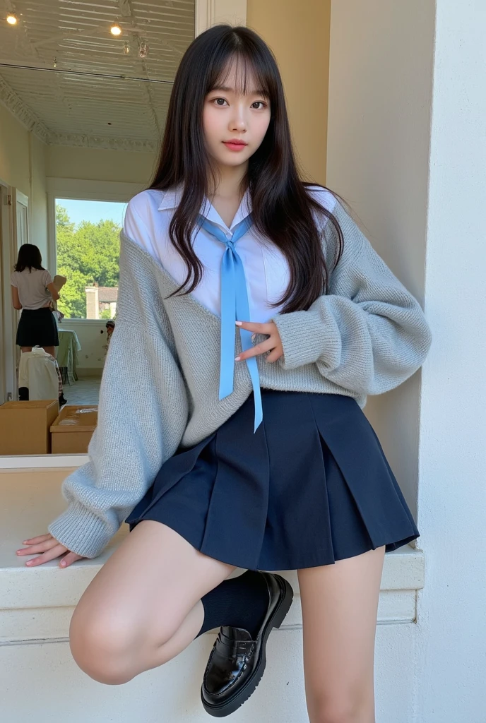 flat chest、Small bust size、Bust 78 cm、Chest without bulge、flat breast、small tits、Small breasts、Phetcha Pai、a beauty girl、15yo student、校服、plaid skirts、A dark-haired、sitting on、a park、Open legs、Panchira、White lace pants、Delicate limbs、high-level image quality