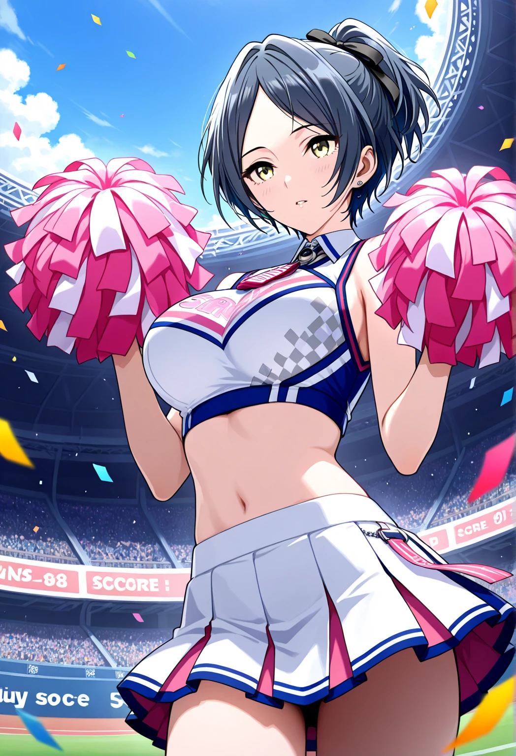 ((masterpiece)), ((best quality)), (ultra-detailed), ((kawaii)), cute, (lovely), ((extremely detailed)), 4K, (8K), best quality, (beautiful), anime style, upper body, jumping pose, focus on the face, full body focus, daytime, a cute girl, 1girl, solo, cheerleader, cheering, beautiful dark brown hair, beautiful purple eyes, ((beautiful eyes with highlights )), white-skinned, ponytail, lip, large breast, glasses, smile, happy , ((stadium)), sparkling effect, glitter effect, wind effect, shiny-glistening, ((sweat on skin)), gleaming, reflection effect