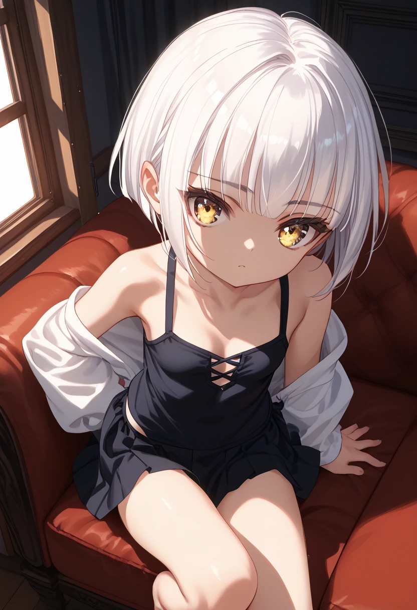 black negligee, black panties, thong, collarbone, masterpiece, best quality, highres, dark persona, watercolor painting theme, (looking at the viewer: 1.1), wide hips, big ass, tojou koneko, yellow eyes, white hair, short hair, cat ears, shirt, black ribbon around the neck, erotica, legs apart, sitting on a chair