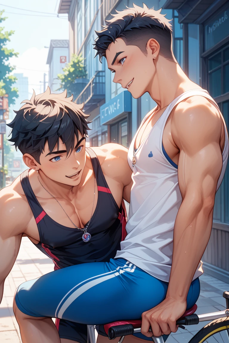 2boys,,,, high school students, Topless, Boxer briefs, Club room, evening, Short spiked hair, crew cut hair, Cute, Young, Asian, Wiping boy's sweat