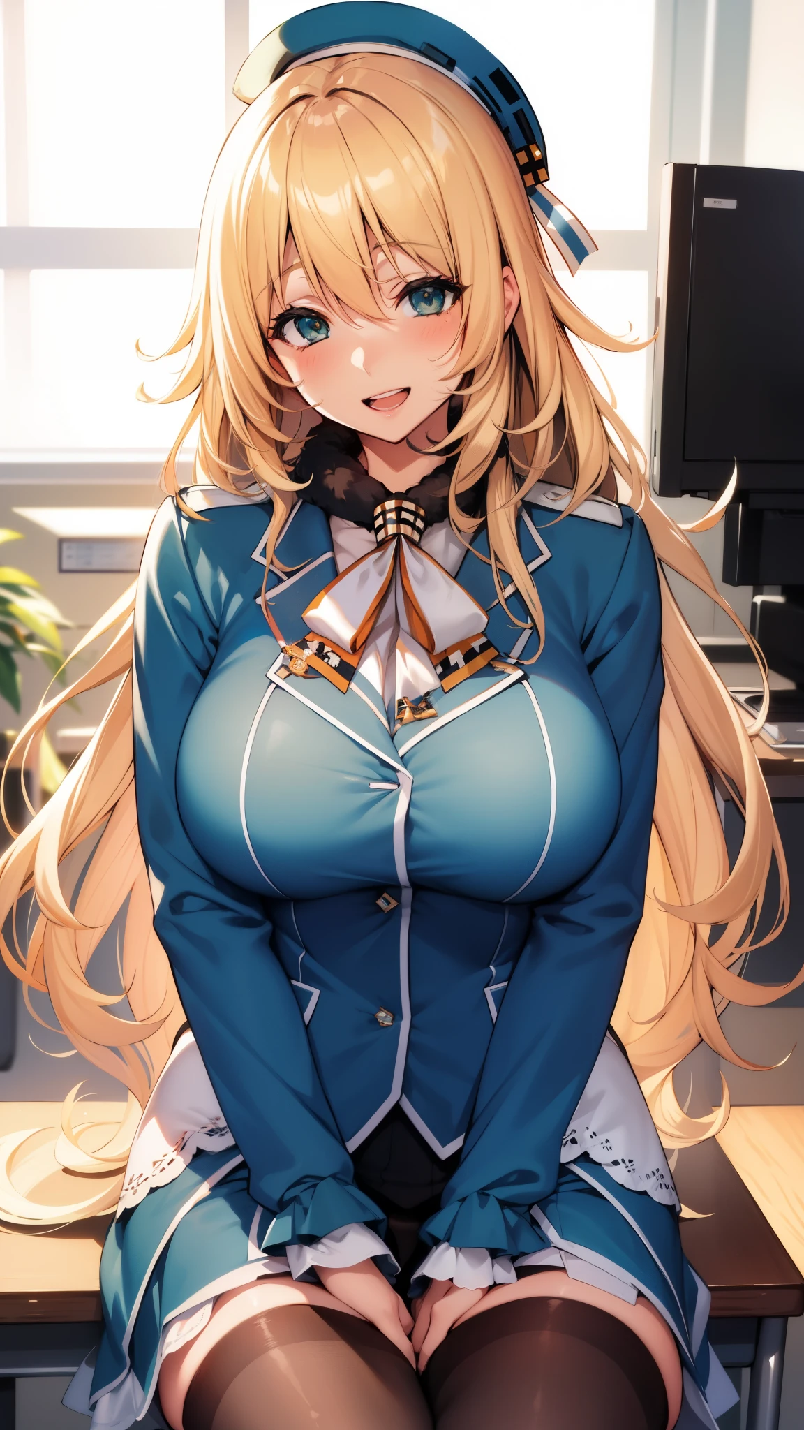 , Looking at Viewer,
blonde hair, large breasts, , Open mouth, smile,wide hips,long hair,indoor,uniform,AtagoKC, (Atago) uniform,beret,sitting,office,desk,chair,seductive smile
