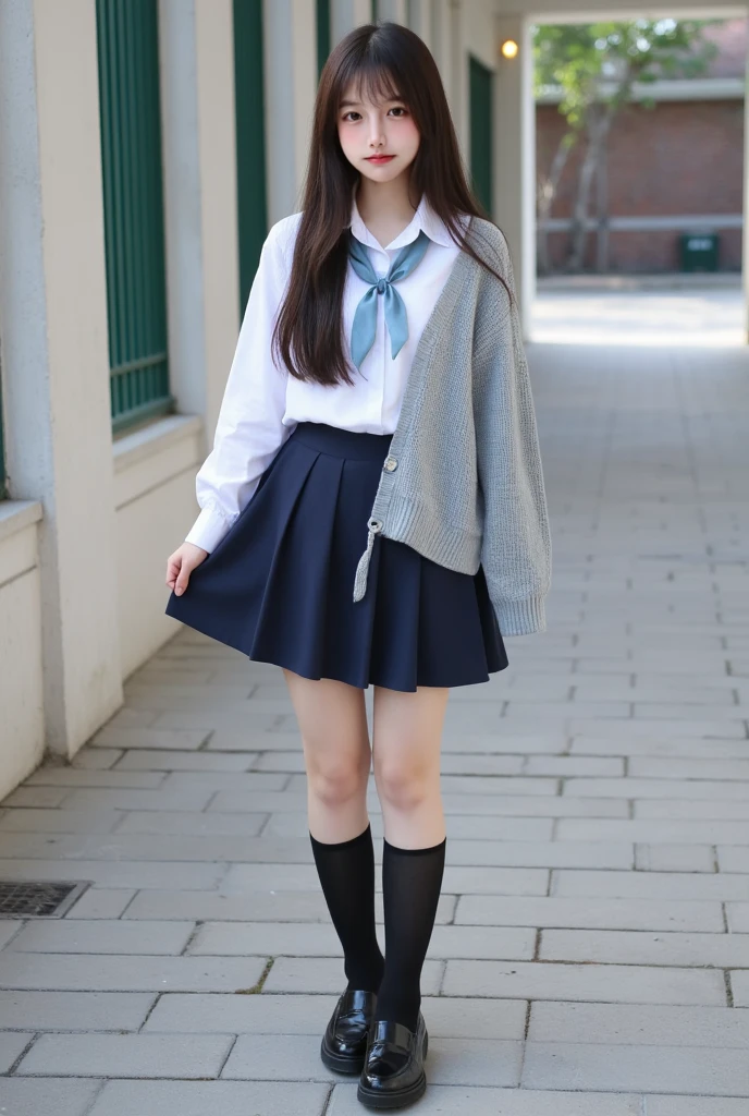 Highest quality、masterpiece、Perfect Anatomy、Girl, On the way to school, chatting with friends, Standing and waving, School Area, Rural Scenery, scenery, Round Glasses, School Cardigan, (Sleeves are longer than the wrist), Powerful loafers, Black ash two side up hair, Blunt bangs, Beautiful dark eyes, Black knee socks, Cinema Lighting, Upper Body, :3, School zone, Rural School