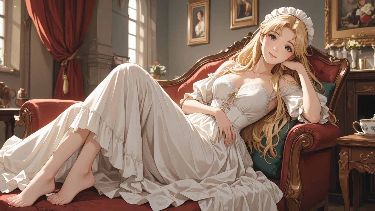 Based on the description, Serena is wearing an exquisite silver gown adorned with intricate beadwork and shimmering pearls. The dress hugs her curves and flows gracefully to the floor. This outfit suggests that she is attending a formal event or occasion.